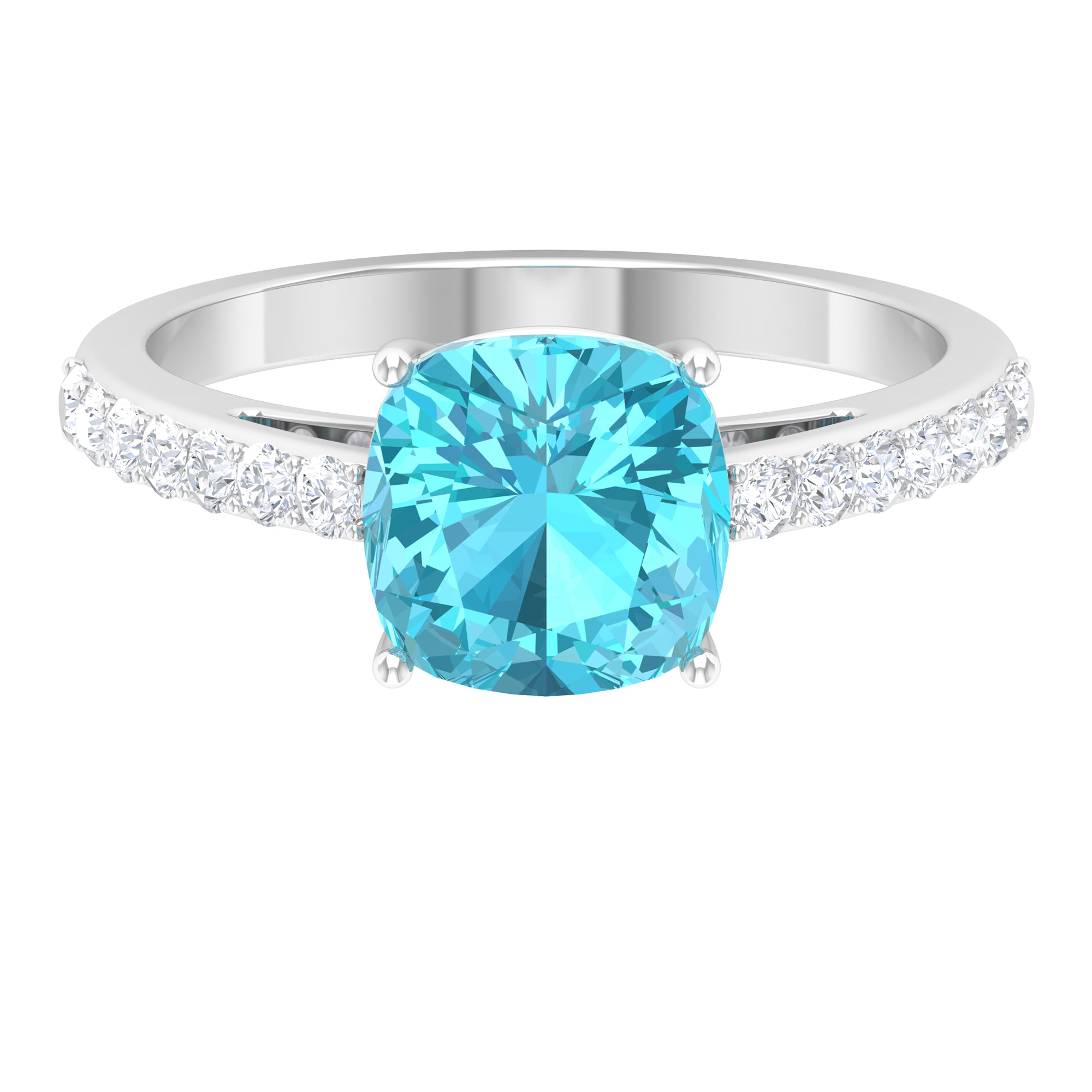 Cushion Shape Swiss Blue Topaz Solitaire Ring with Diamond