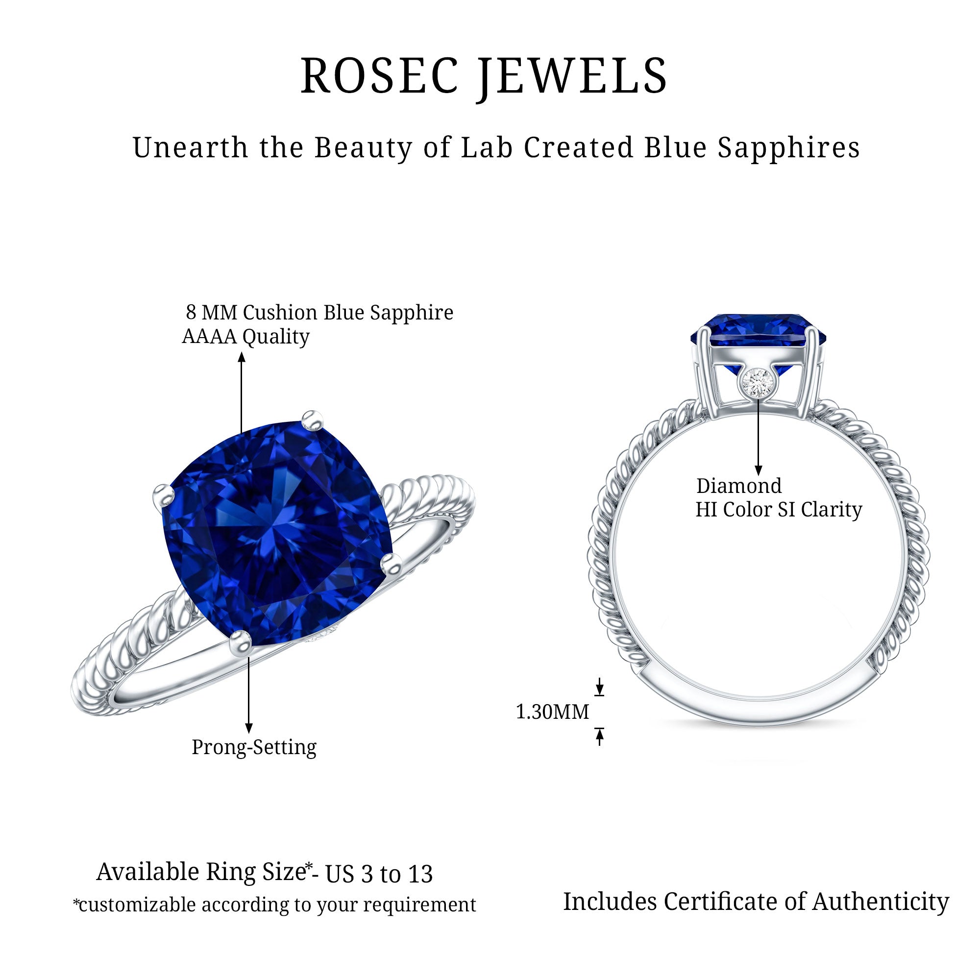 2.7 Carat Cushion Cut Lab Created Blue Sapphire Solitaire Engagement Ring AAAA - Rosec Jewels