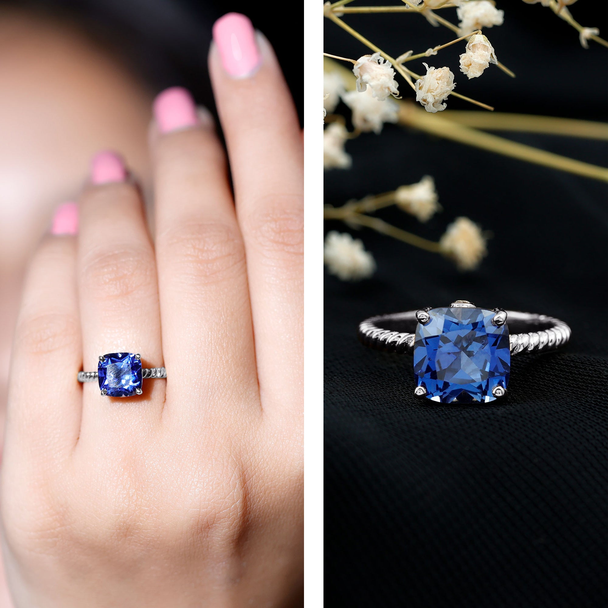 2.7 Carat Cushion Cut Lab Created Blue Sapphire Solitaire Engagement Ring AAAA - Rosec Jewels