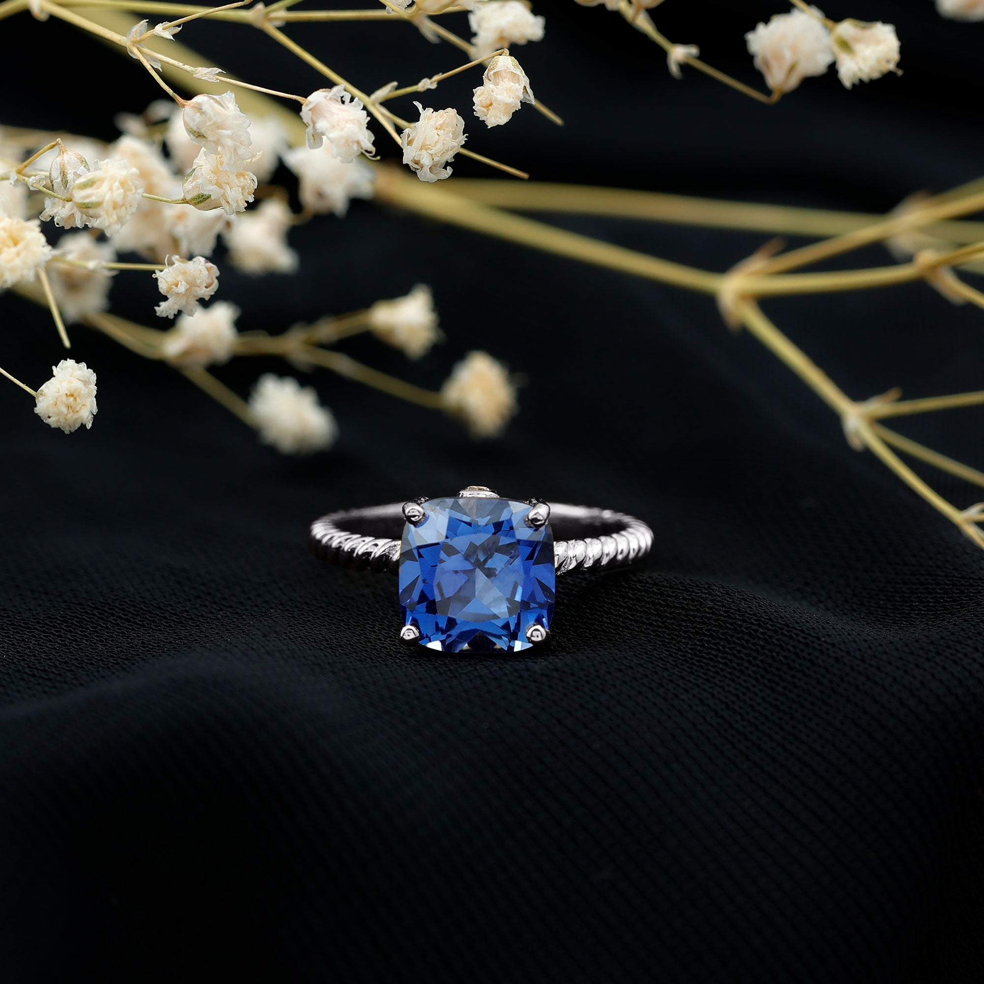 2.7 Carat Cushion Cut Lab Created Blue Sapphire Solitaire Engagement Ring AAAA - Rosec Jewels