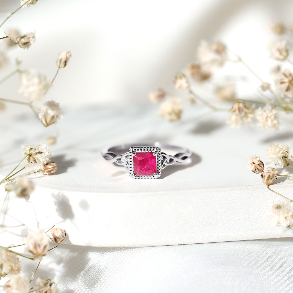 Natural 0.8 Carat Princess Cut Ruby Promise Ring with Celtic Knot AAA - Rosec Jewels