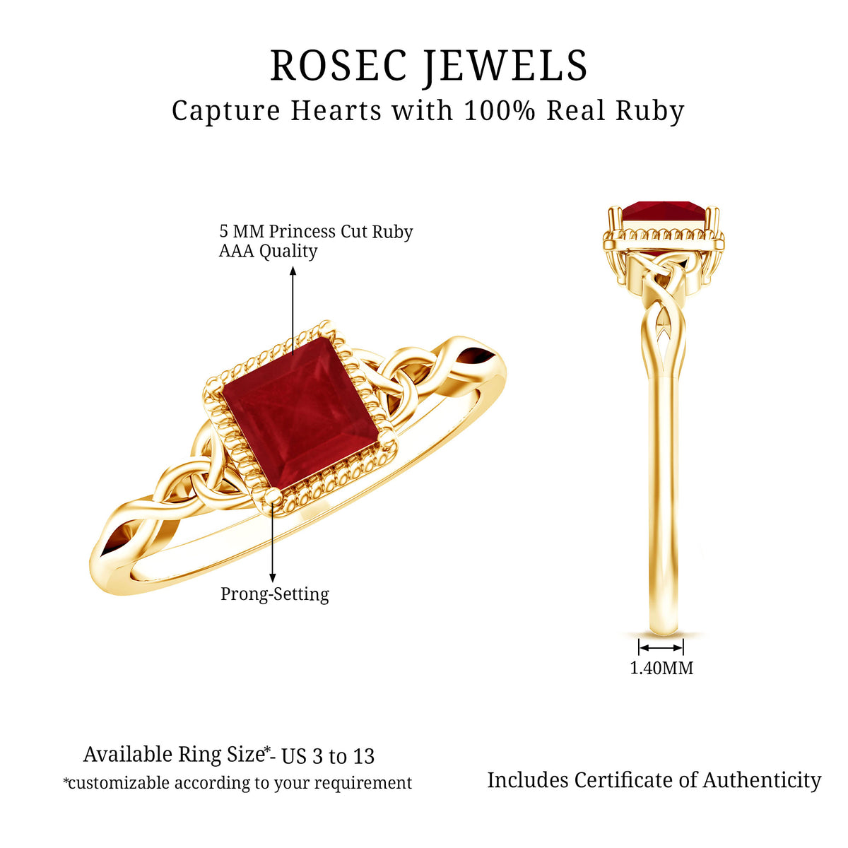 Natural 0.8 Carat Princess Cut Ruby Promise Ring with Celtic Knot AAA - Rosec Jewels