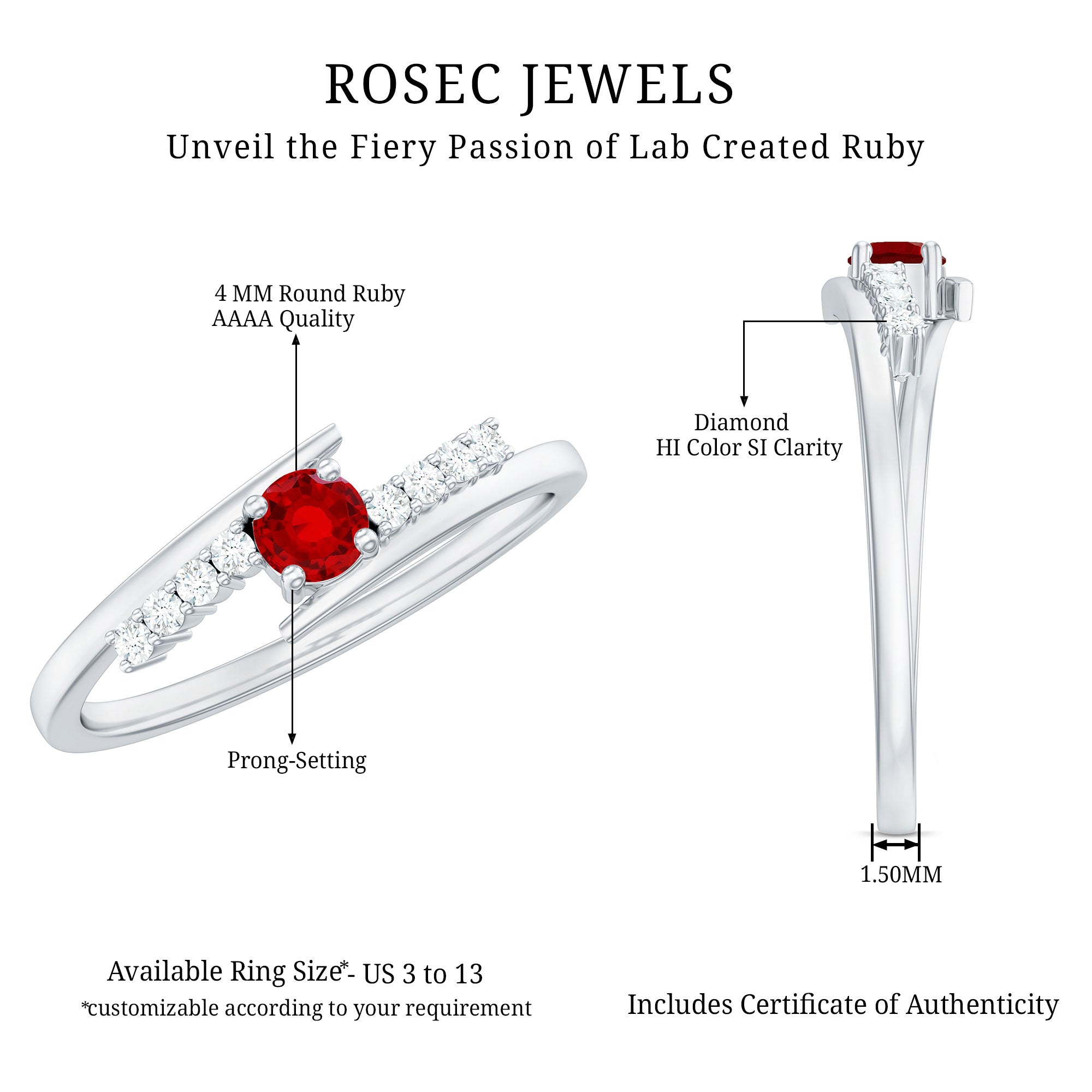 Rosec Jewels-Lab Created Ruby and Diamond Promise Ring in Bypass Shank