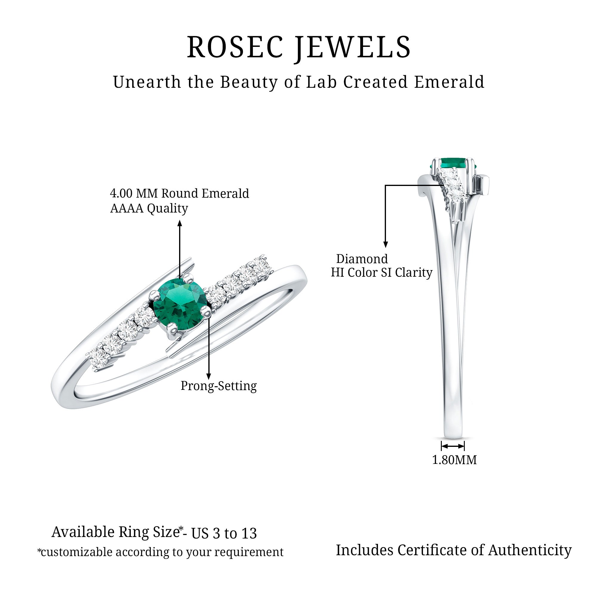 Certified Lab Grown Emerald Diamond Simple Promise Ring with Bypass Shank AAAA - Rosec Jewels
