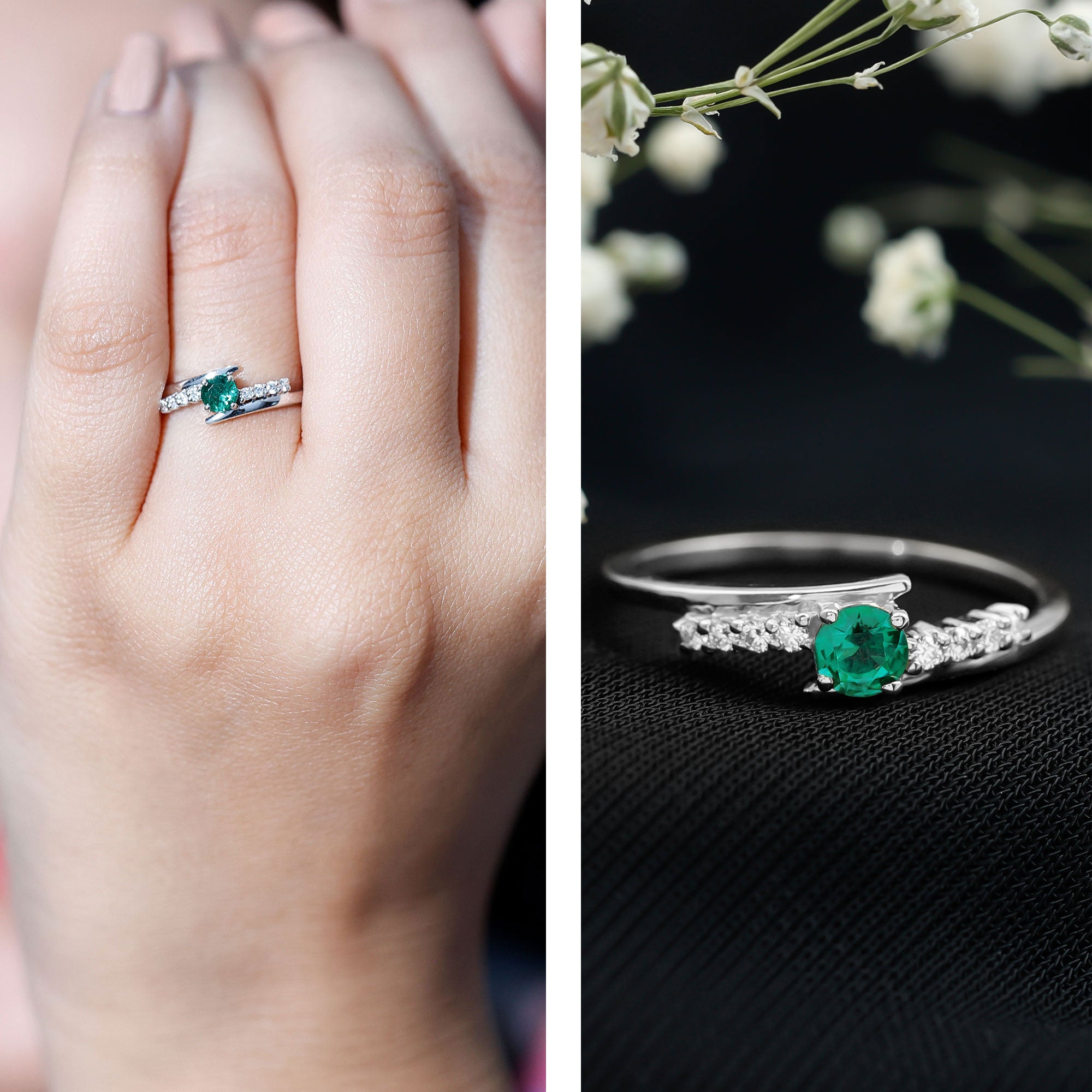 Certified Lab Grown Emerald Diamond Simple Promise Ring with Bypass Shank AAAA - Rosec Jewels