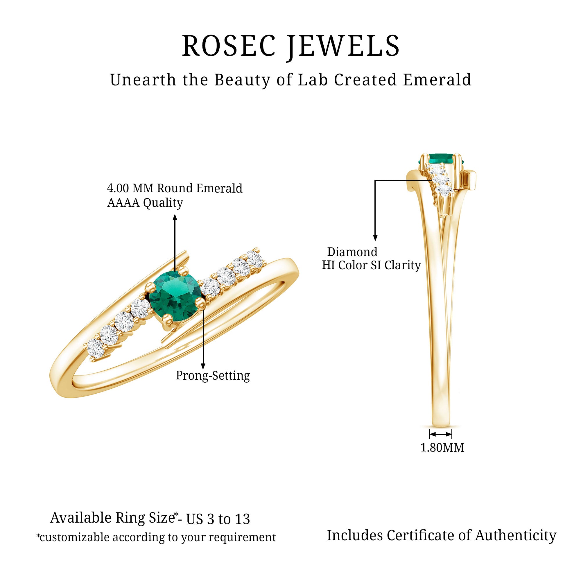 Certified Lab Grown Emerald Diamond Simple Promise Ring with Bypass Shank AAAA - Rosec Jewels
