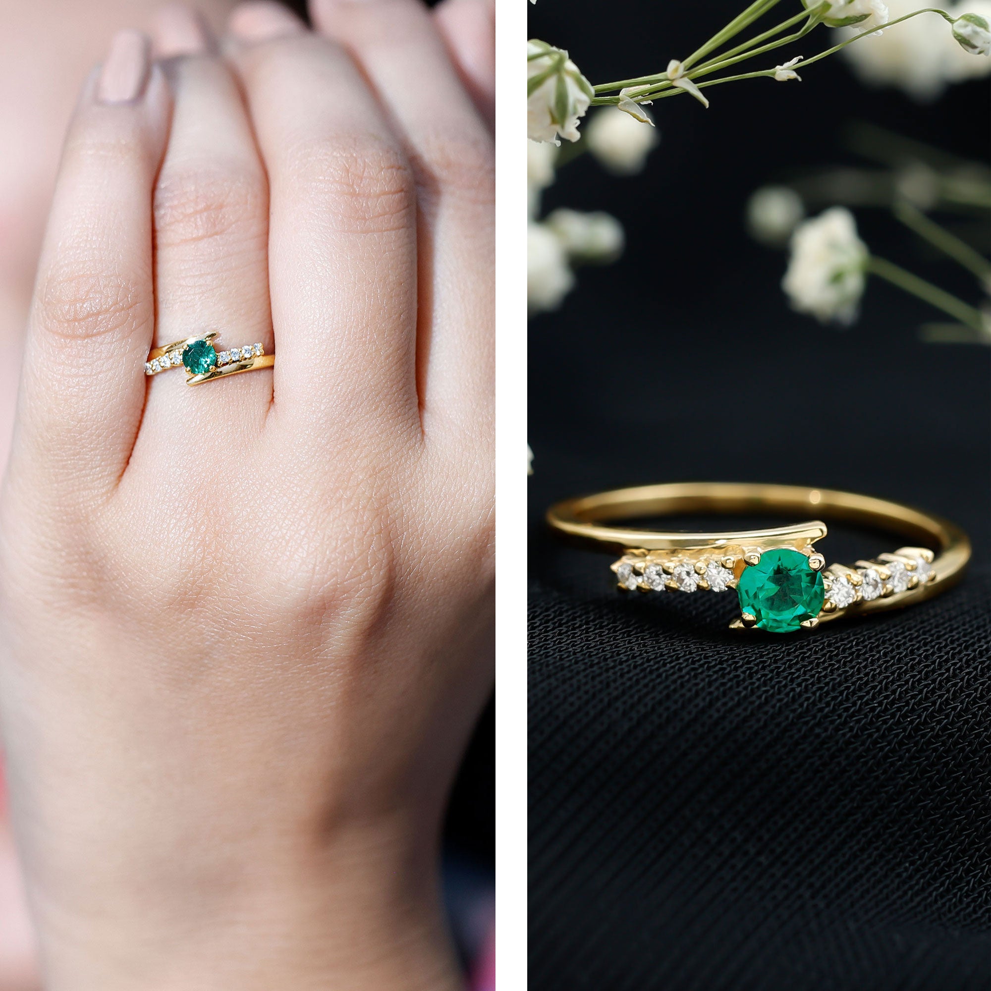 Certified Lab Grown Emerald Diamond Simple Promise Ring with Bypass Shank AAAA - Rosec Jewels