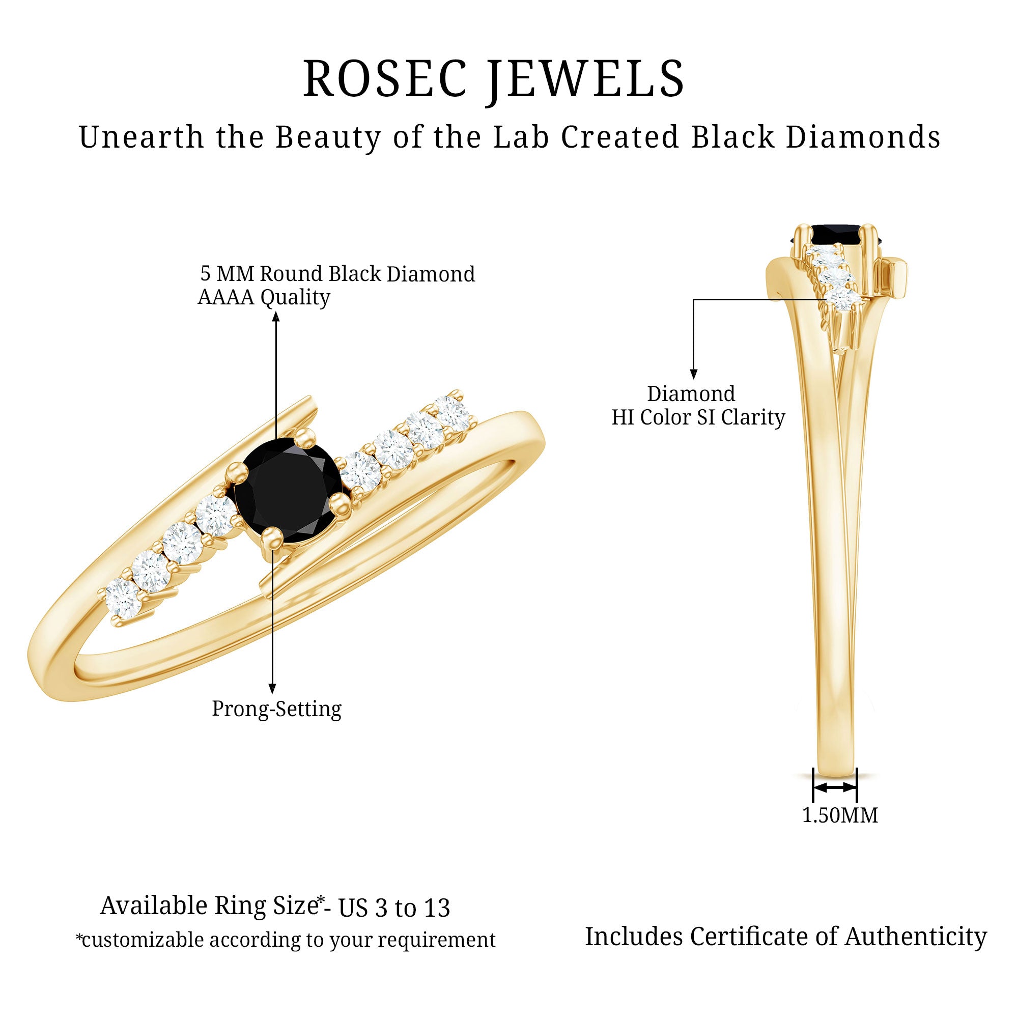 Certified Lab Grown Black and White Diamond Promise Ring with Bypass Shank AAAA ( Synthetic ) - Rosec Jewels