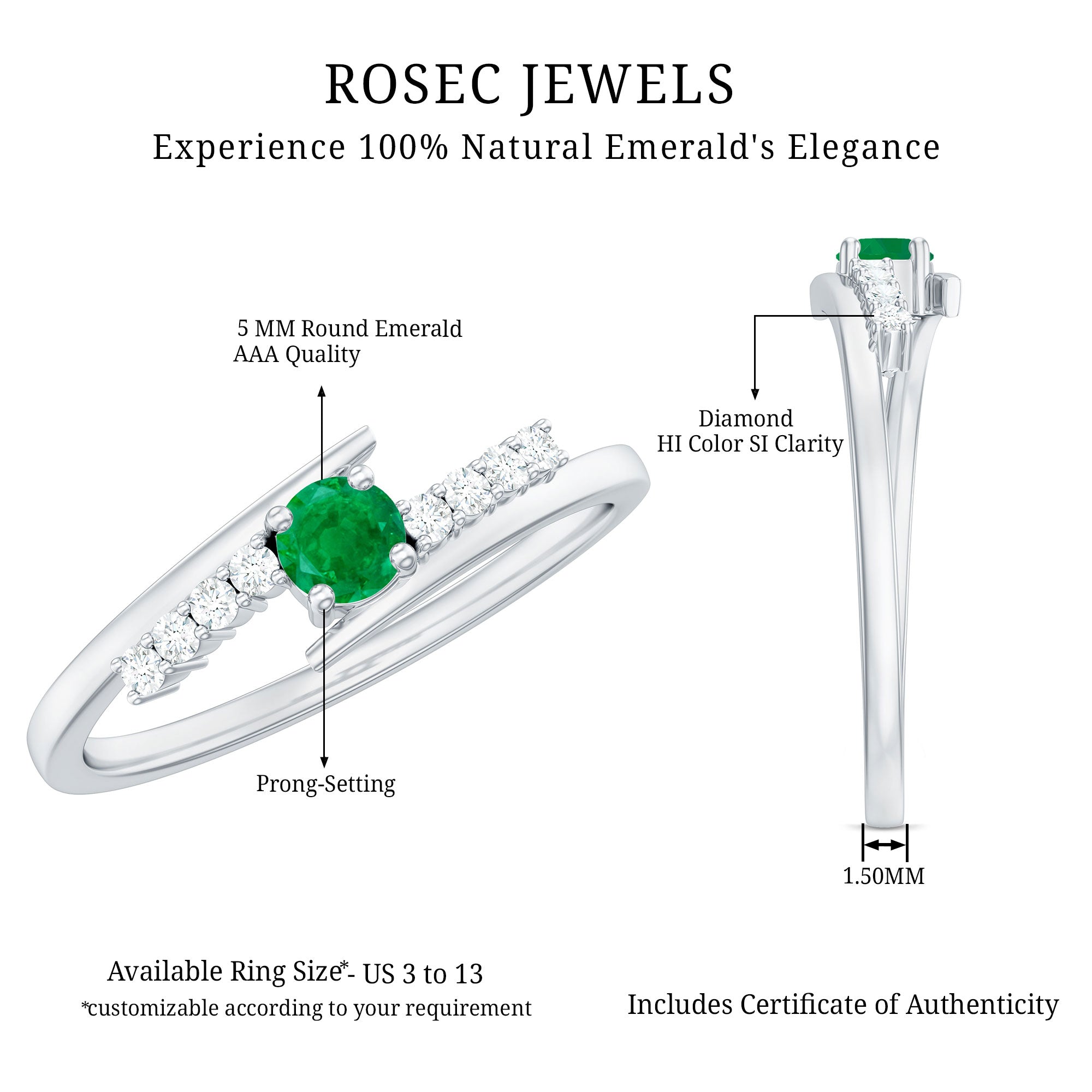Real Emerald and Diamond Promise Ring with Bypass Shank AAA - Rosec Jewels