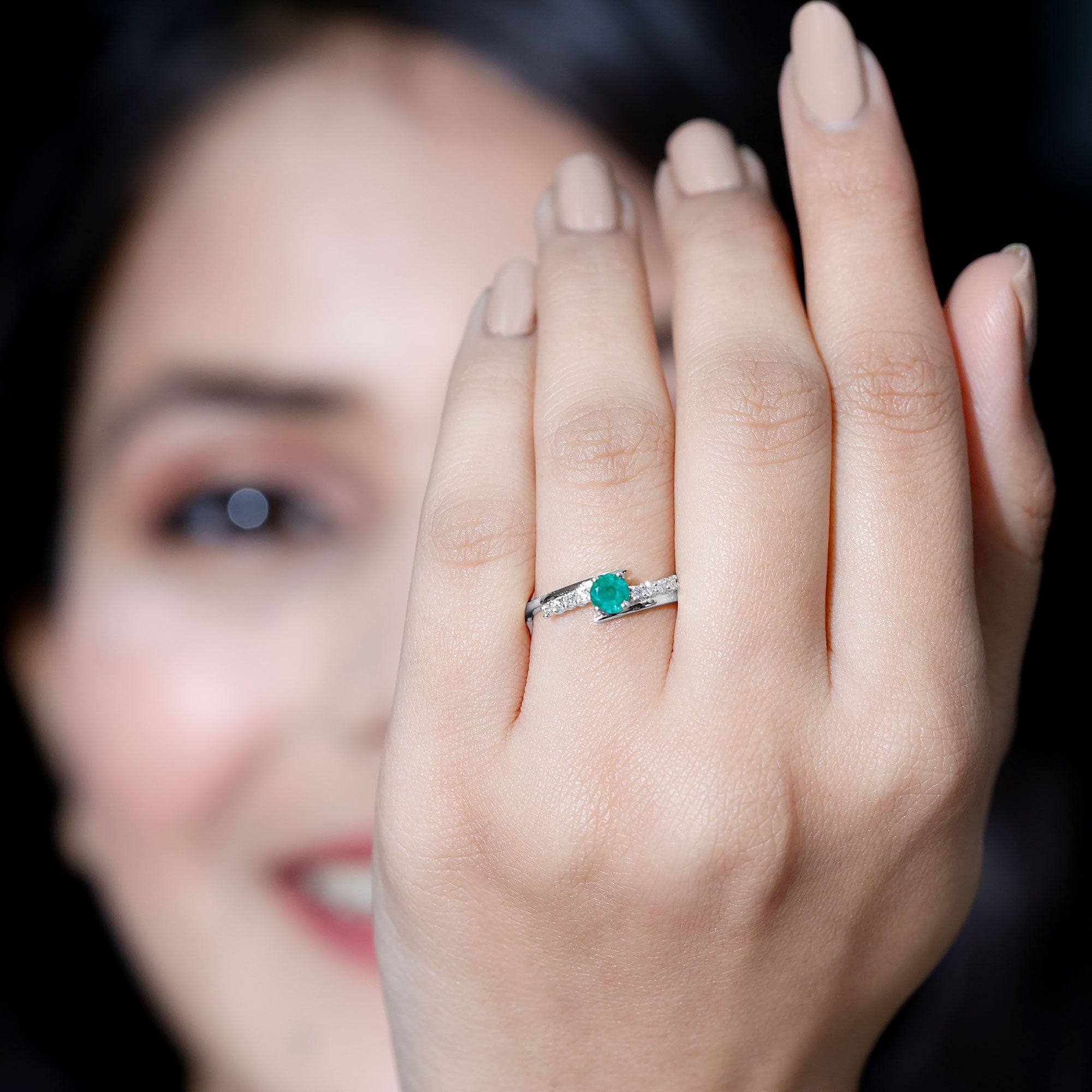 Real Emerald and Diamond Promise Ring with Bypass Shank AAA - Rosec Jewels