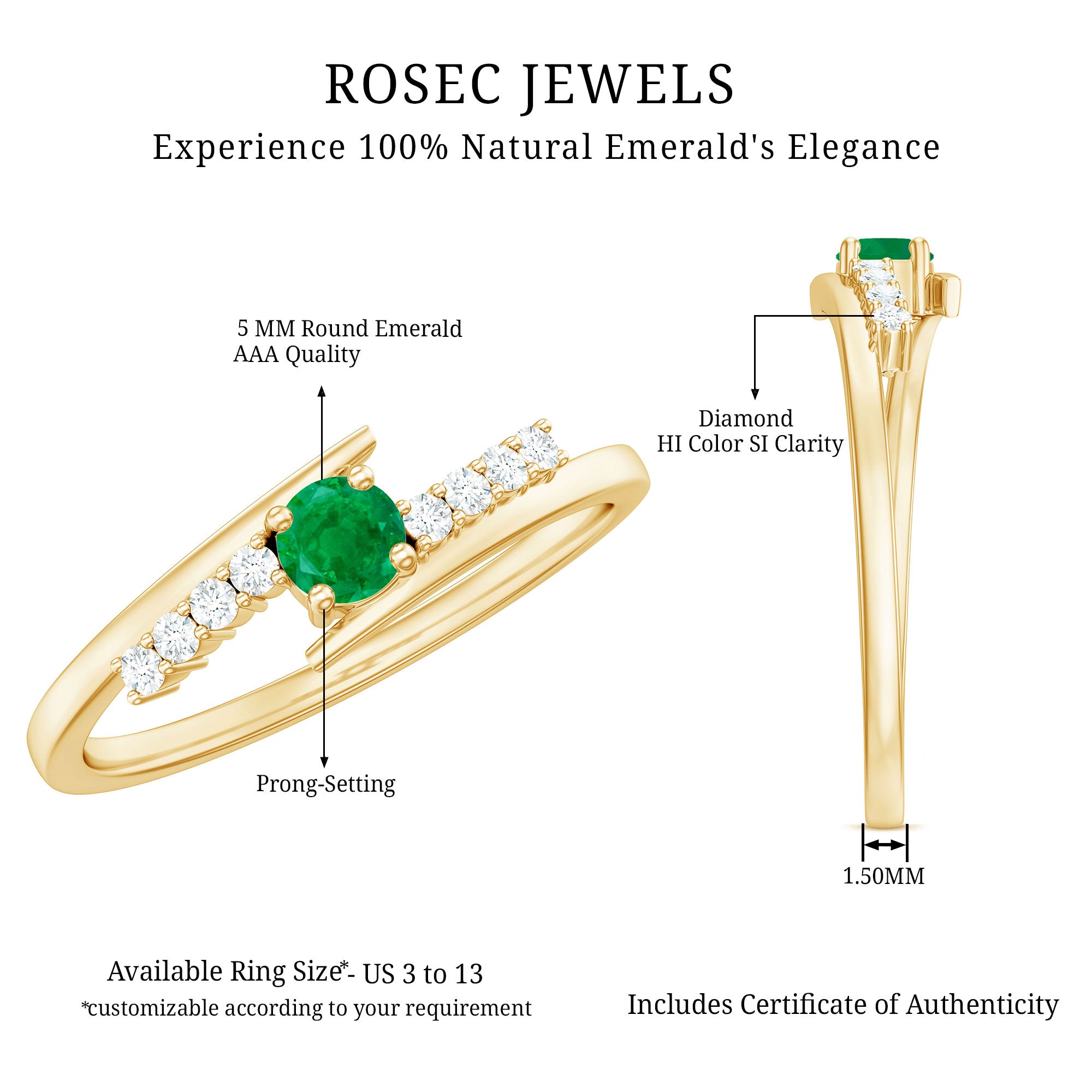 Real Emerald and Diamond Promise Ring with Bypass Shank AAA - Rosec Jewels