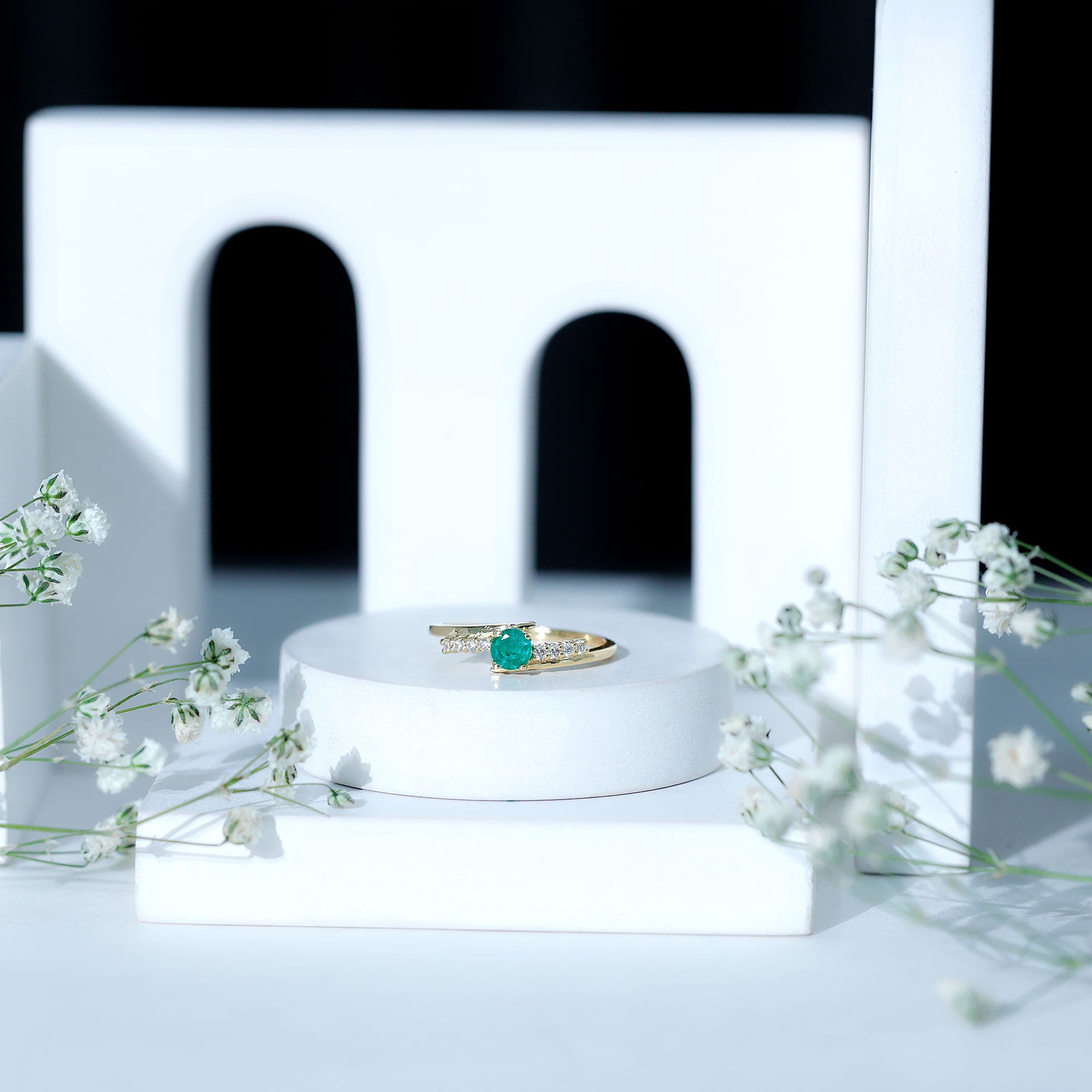 Real Emerald and Diamond Promise Ring with Bypass Shank AAA - Rosec Jewels