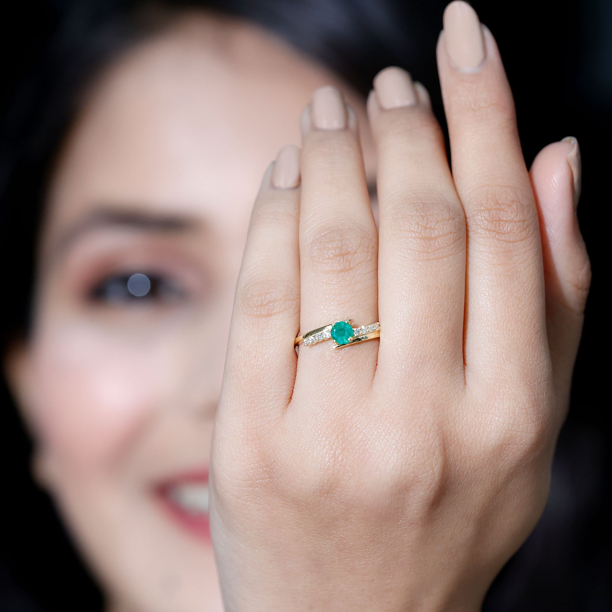 Real Emerald and Diamond Promise Ring with Bypass Shank AAA - Rosec Jewels
