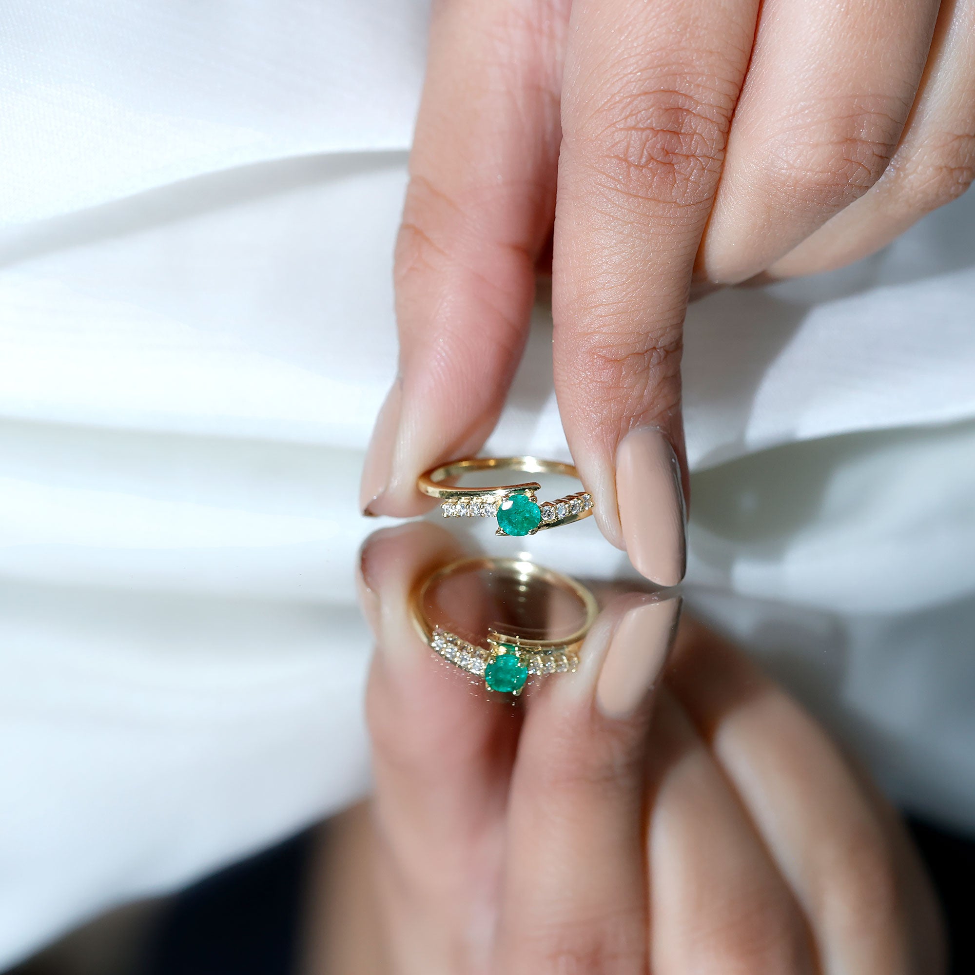 Real Emerald and Diamond Promise Ring with Bypass Shank AAA - Rosec Jewels
