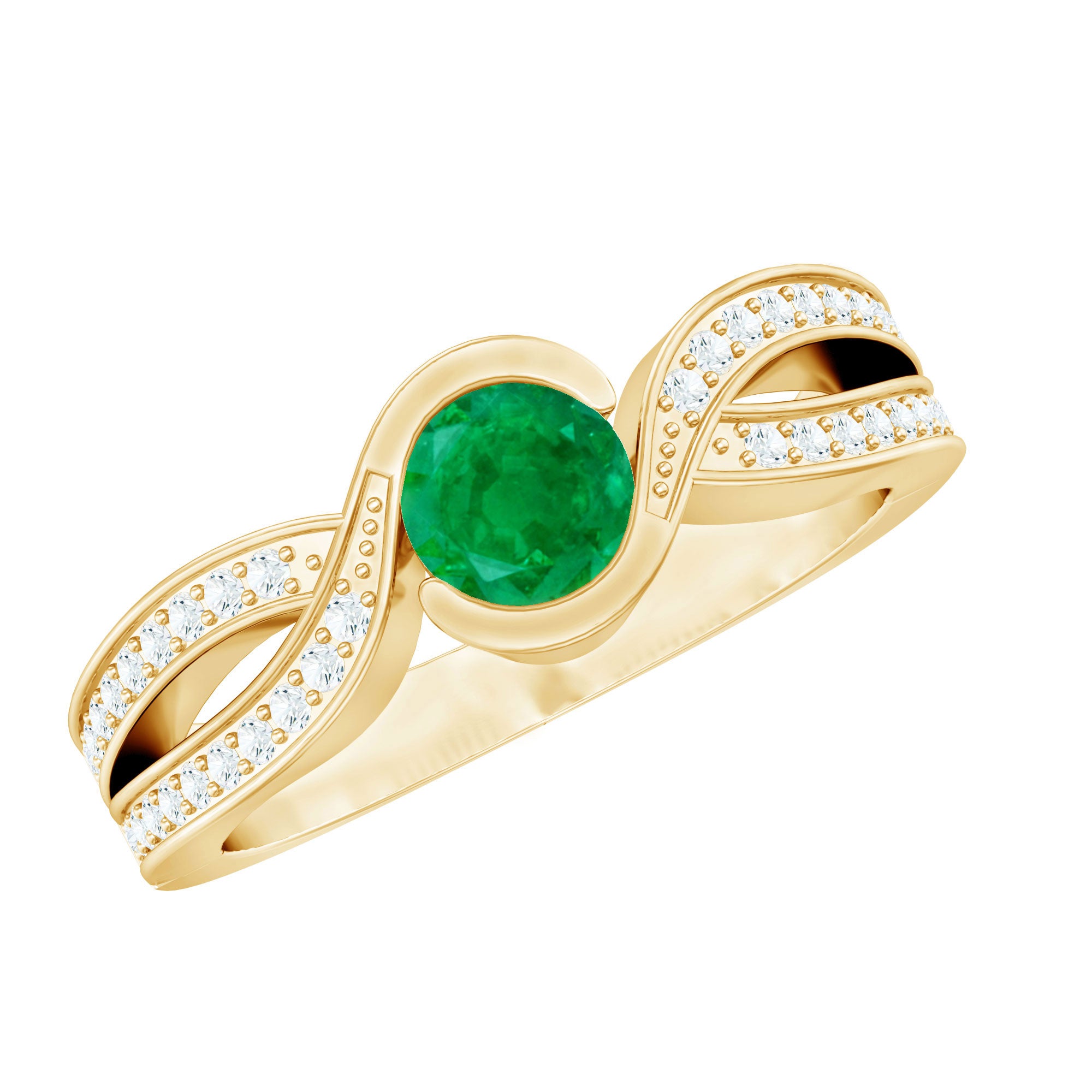Round Cut Genuine Emerald and Diamond Designer Engagement Ring AAA - Rosec Jewels