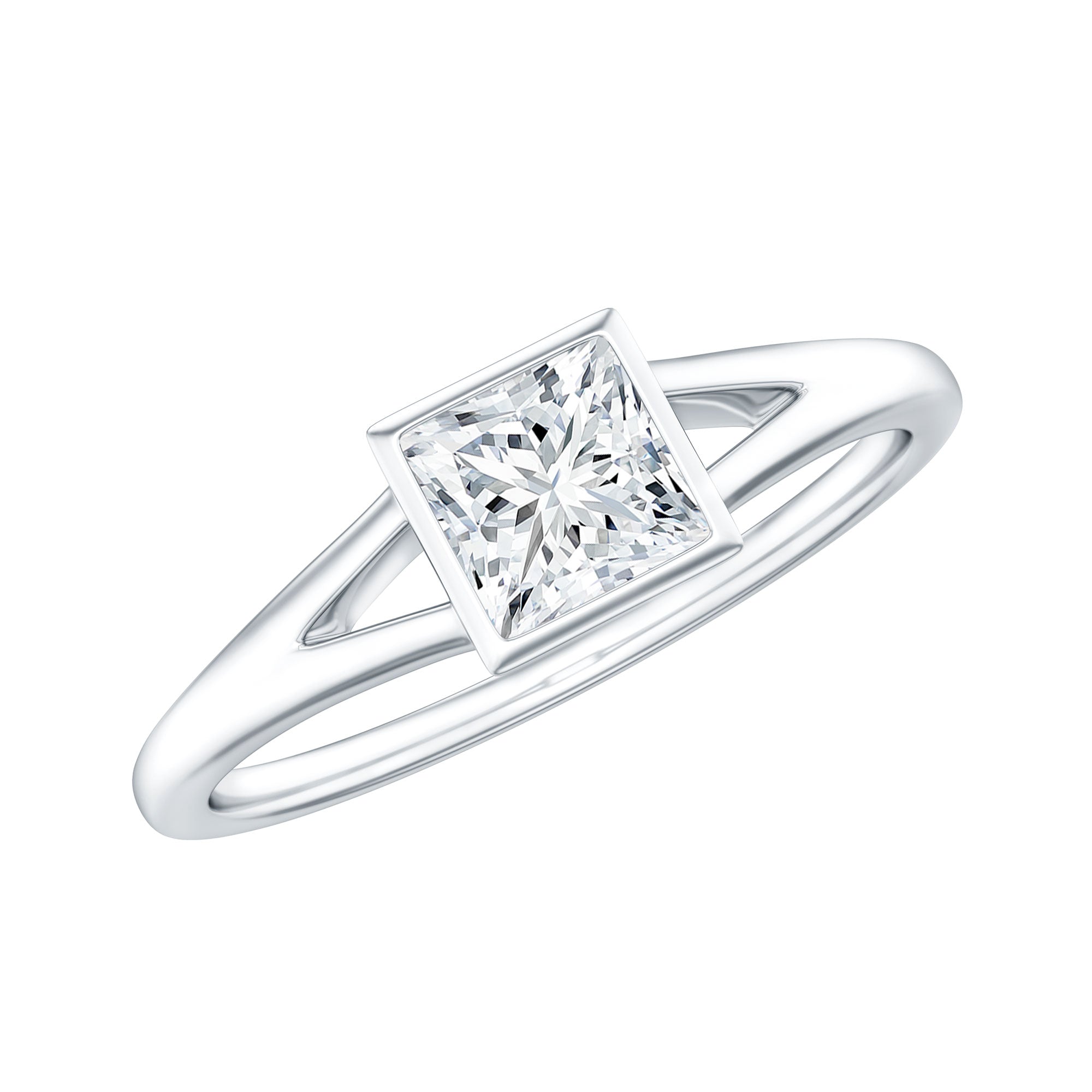 Bezel Set Princess Cut Moissanite Solitaire Promise Ring in Split Shank D-VS1 - Rosec Jewels