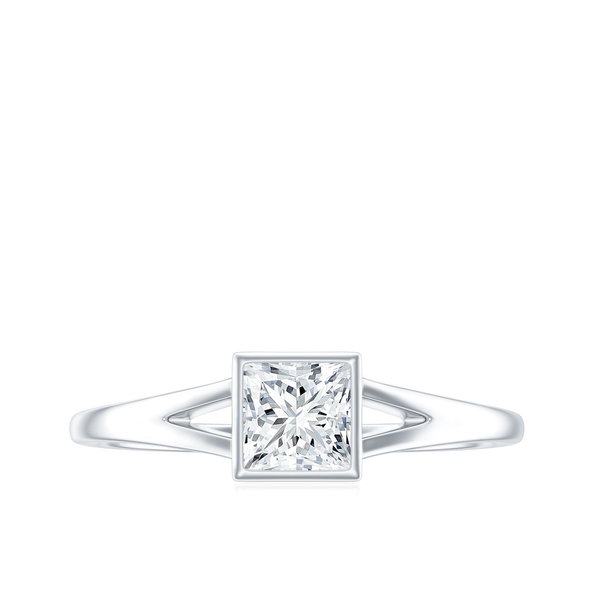 Bezel Set Princess Cut Moissanite Solitaire Promise Ring in Split Shank D-VS1 - Rosec Jewels