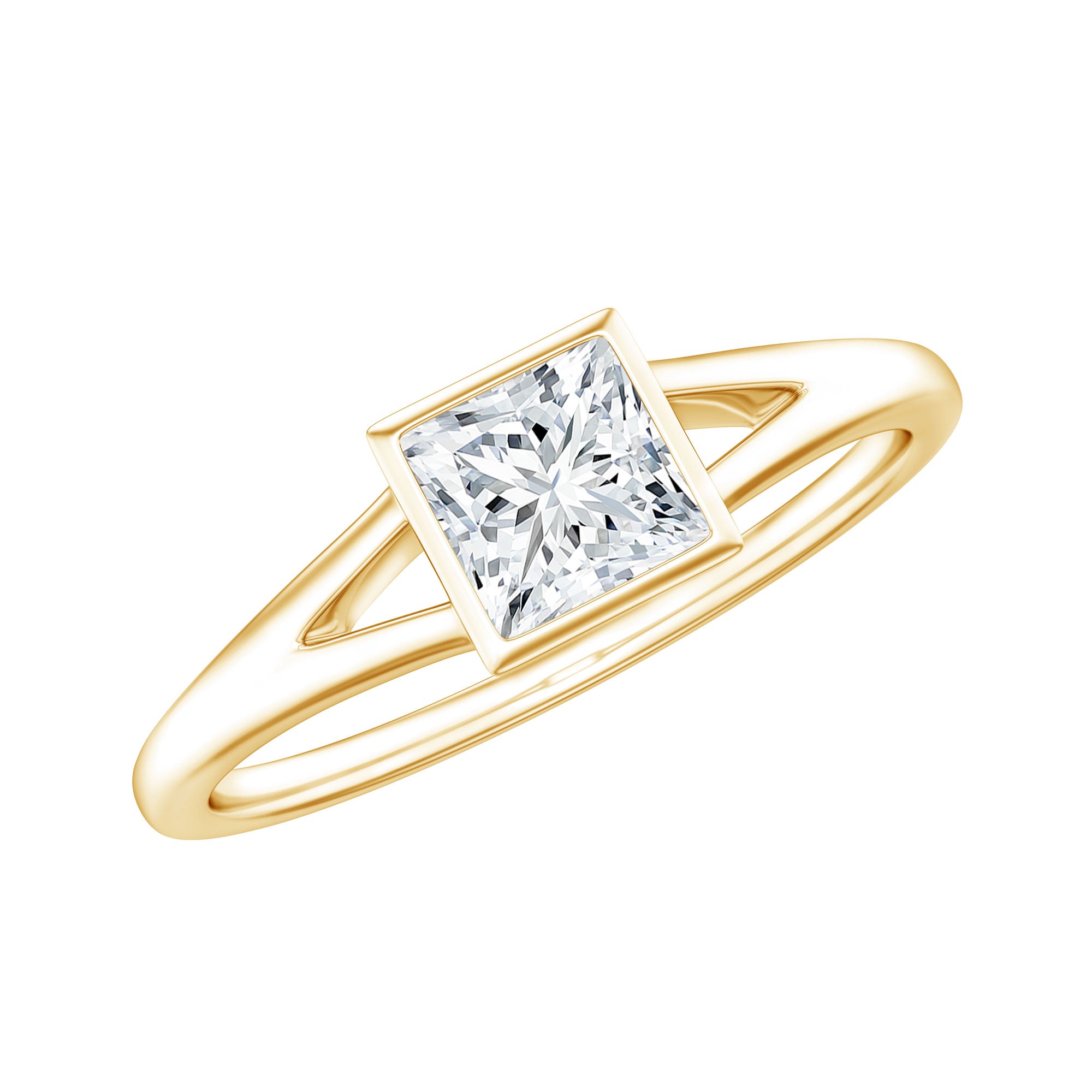 Bezel Set Princess Cut Moissanite Solitaire Promise Ring in Split Shank D-VS1 - Rosec Jewels