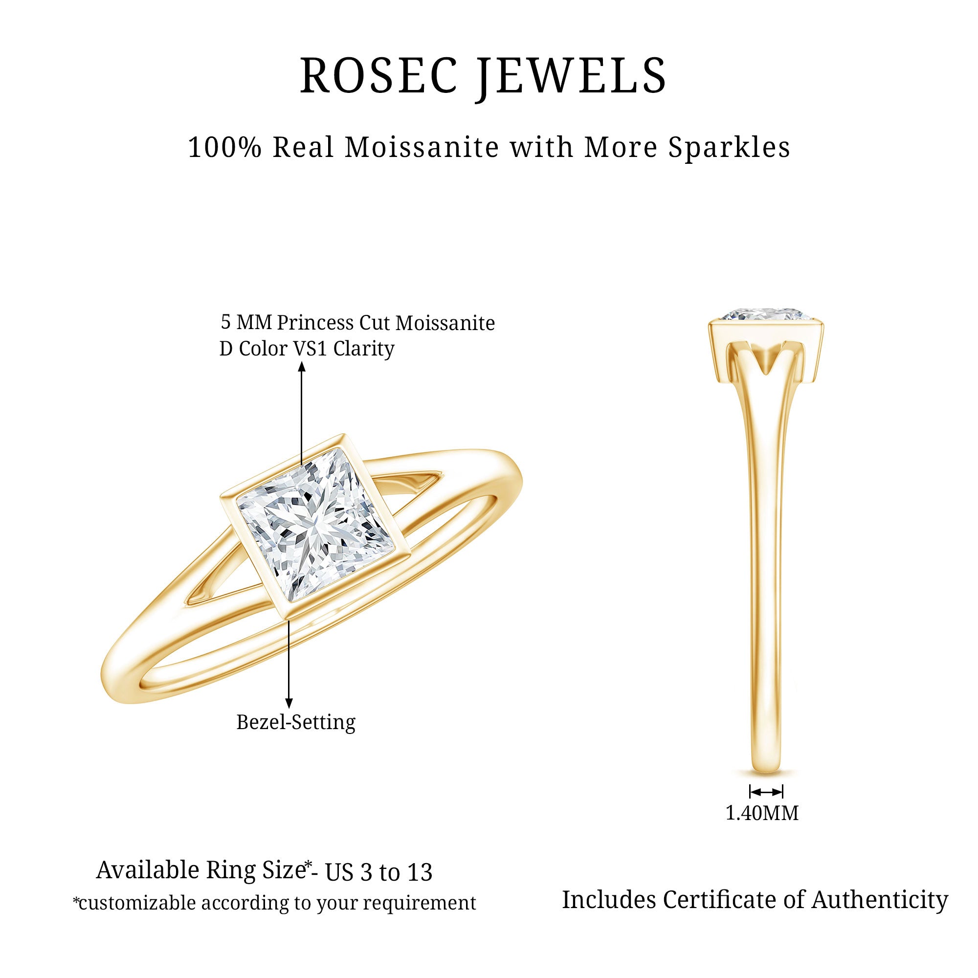 Bezel Set Princess Cut Moissanite Solitaire Promise Ring in Split Shank D-VS1 - Rosec Jewels