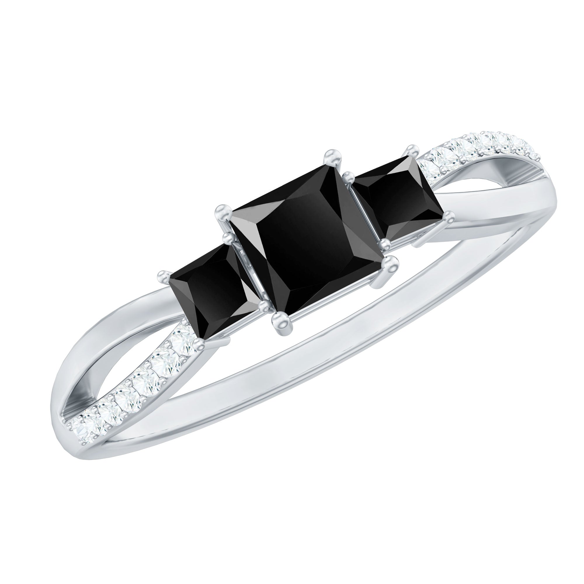 Certified Lab Grown Black Diamond 3 Stone Engagement Ring with White Diamond AAAA ( Synthetic ) - Rosec Jewels