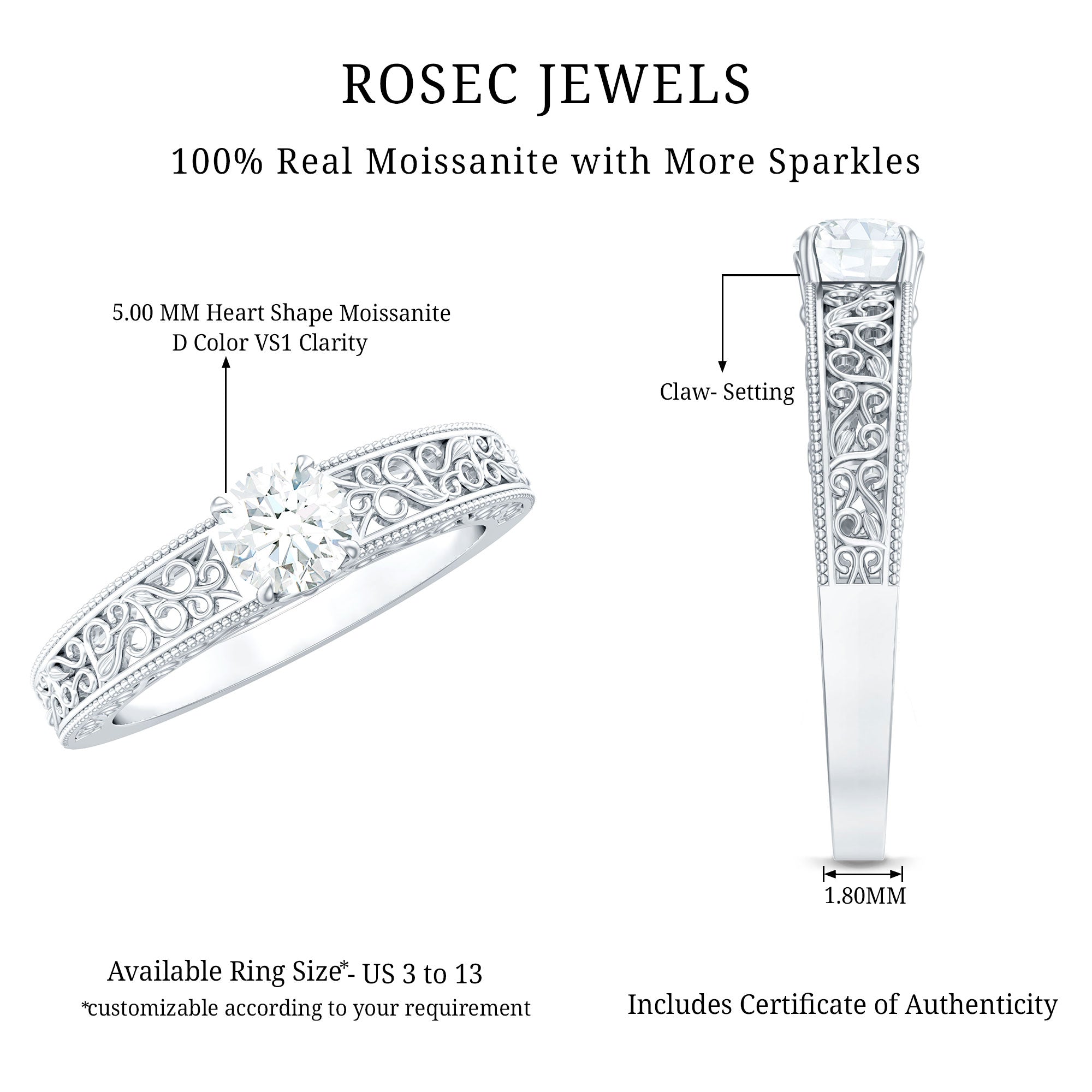 Round Cut Moissanite Solitaire Engagement Ring with Filigree Band D-VS1 - Rosec Jewels