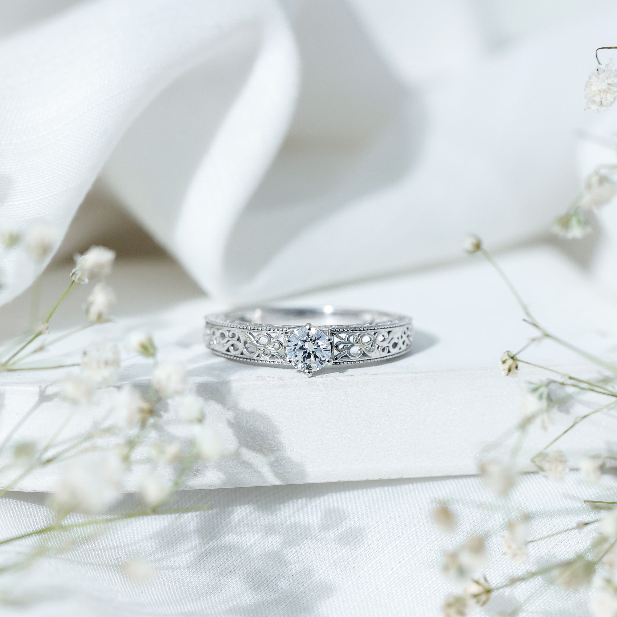 Round Cut Moissanite Solitaire Engagement Ring with Filigree Band D-VS1 - Rosec Jewels