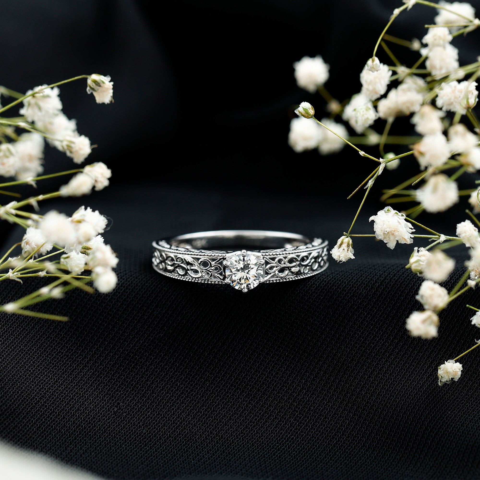 Round Cut Moissanite Solitaire Engagement Ring with Filigree Band D-VS1 - Rosec Jewels