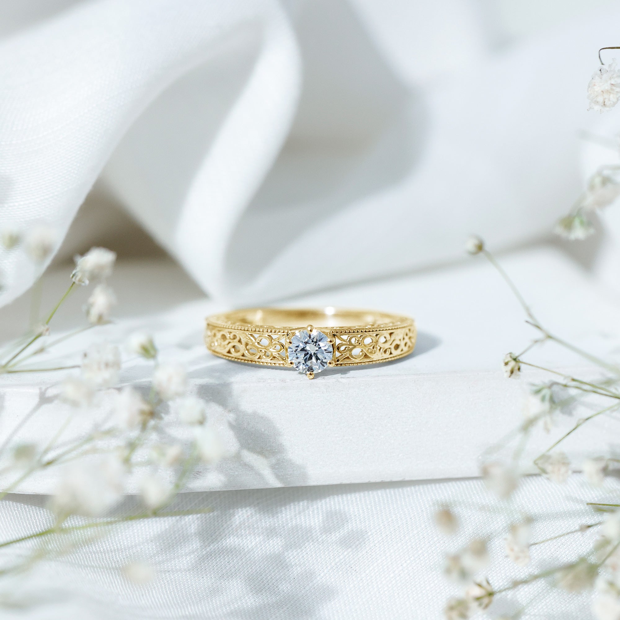 Round Cut Moissanite Solitaire Engagement Ring with Filigree Band D-VS1 - Rosec Jewels
