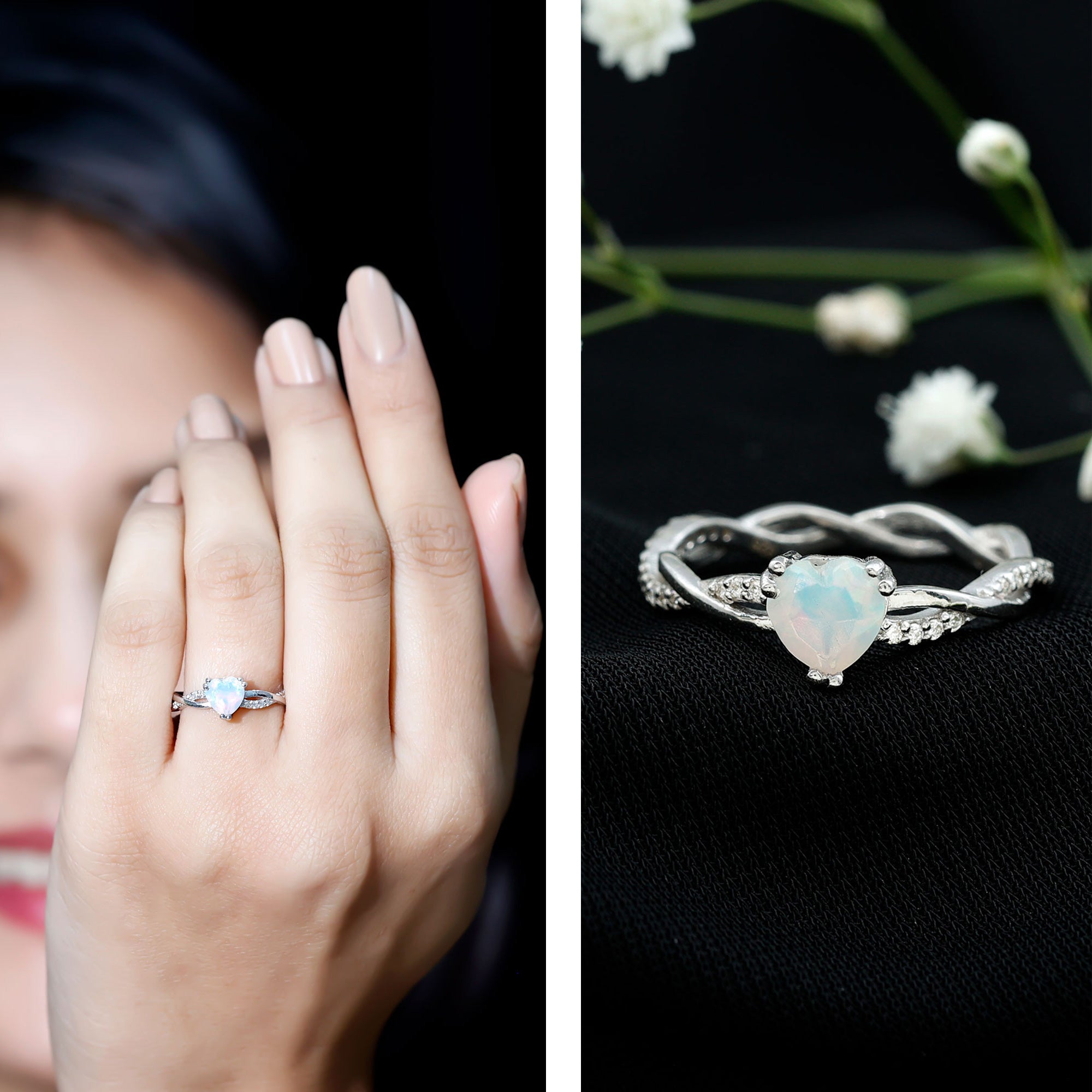 Natural Ethiopian Opal Diamond Heart Promise Engagement Ring AAA - Rosec Jewels