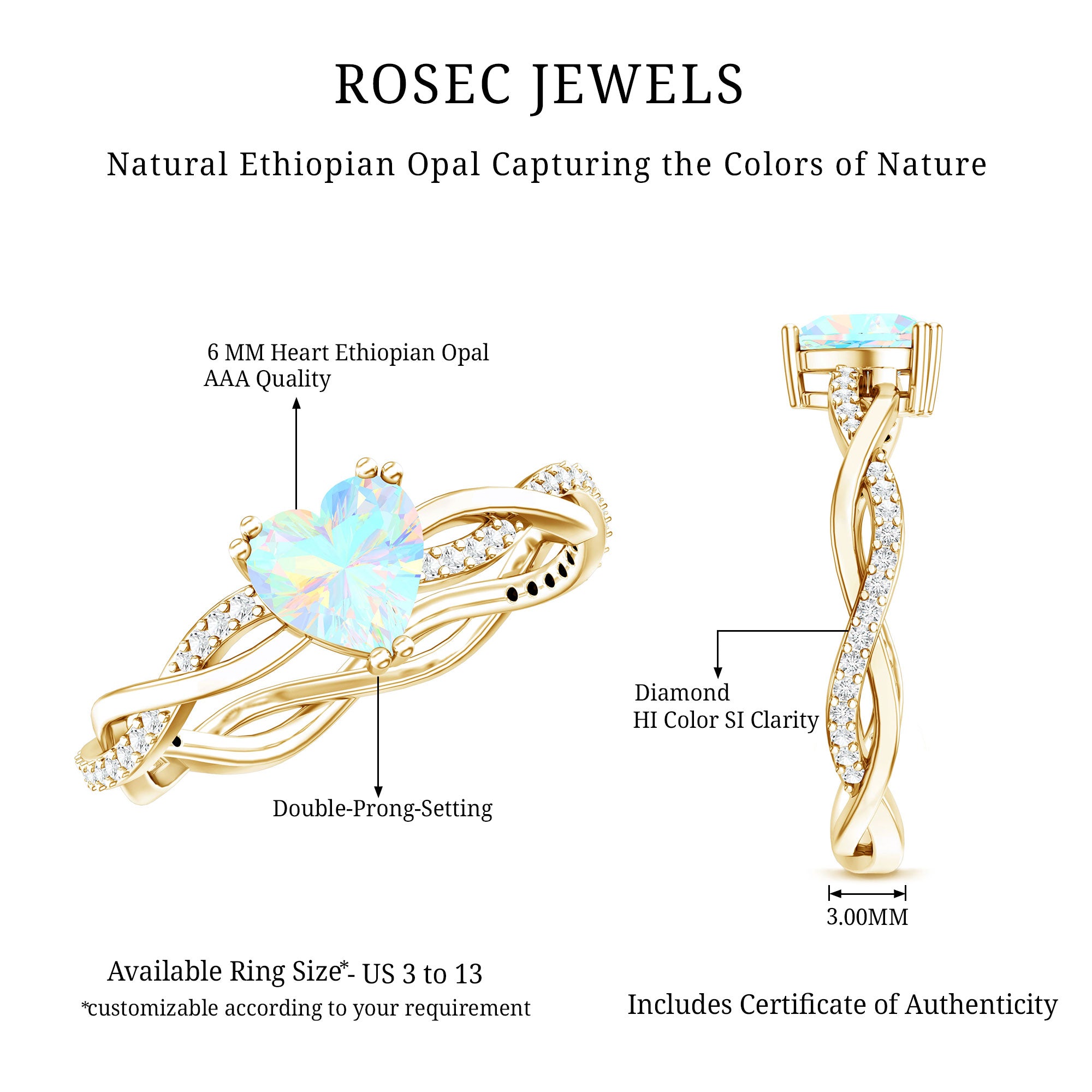 Natural Ethiopian Opal Diamond Heart Promise Engagement Ring AAA - Rosec Jewels