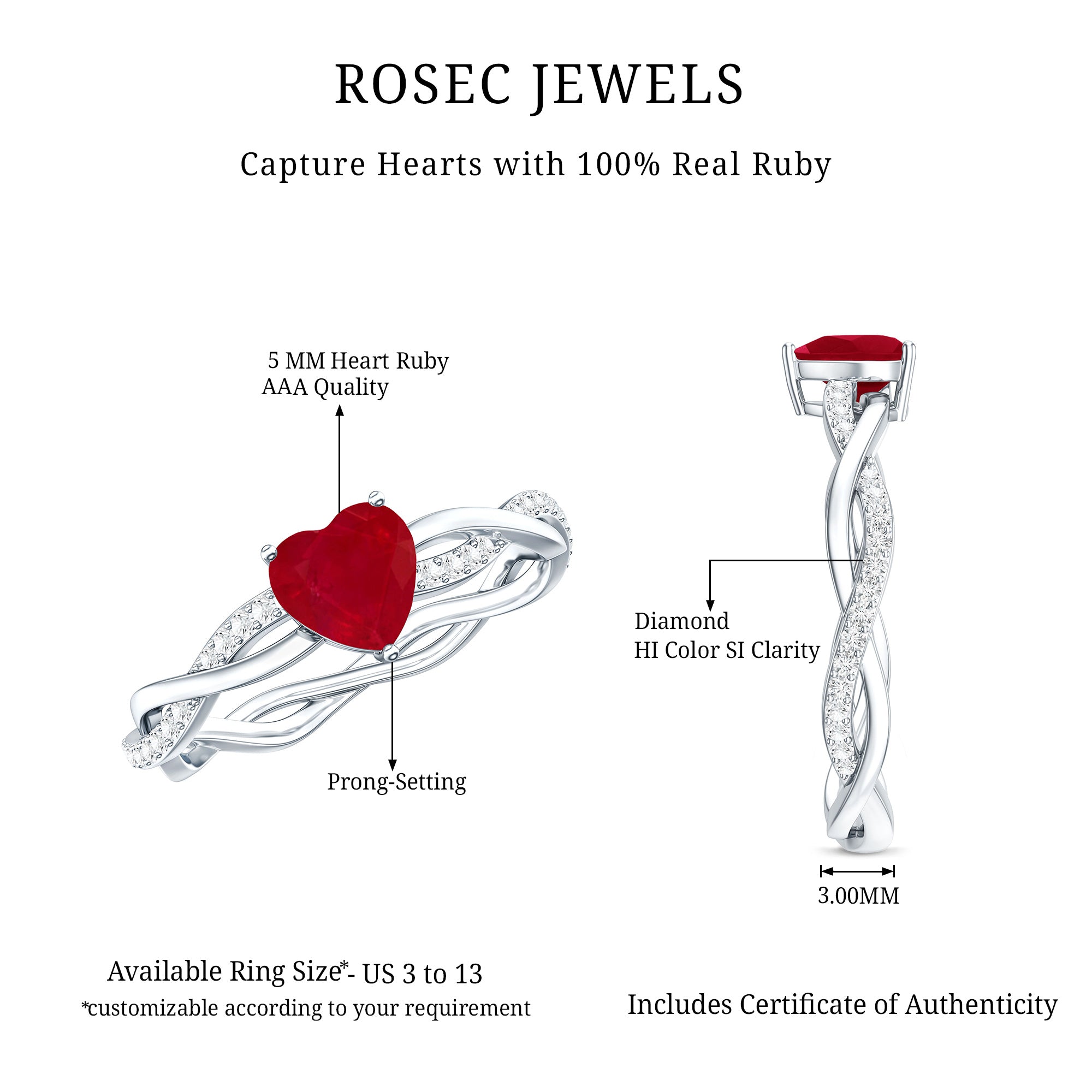 Natural 0.6 Carat Ruby Heart Engagement Ring with Diamond Braided Shank AAA - Rosec Jewels