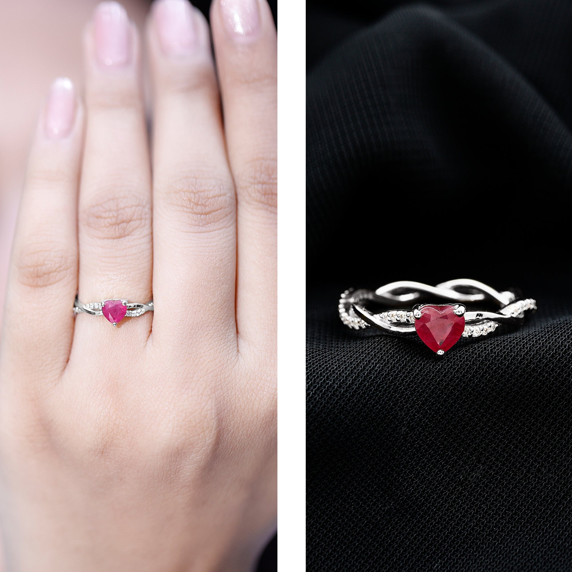 Natural 0.6 Carat Ruby Heart Engagement Ring with Diamond Braided Shank AAA - Rosec Jewels