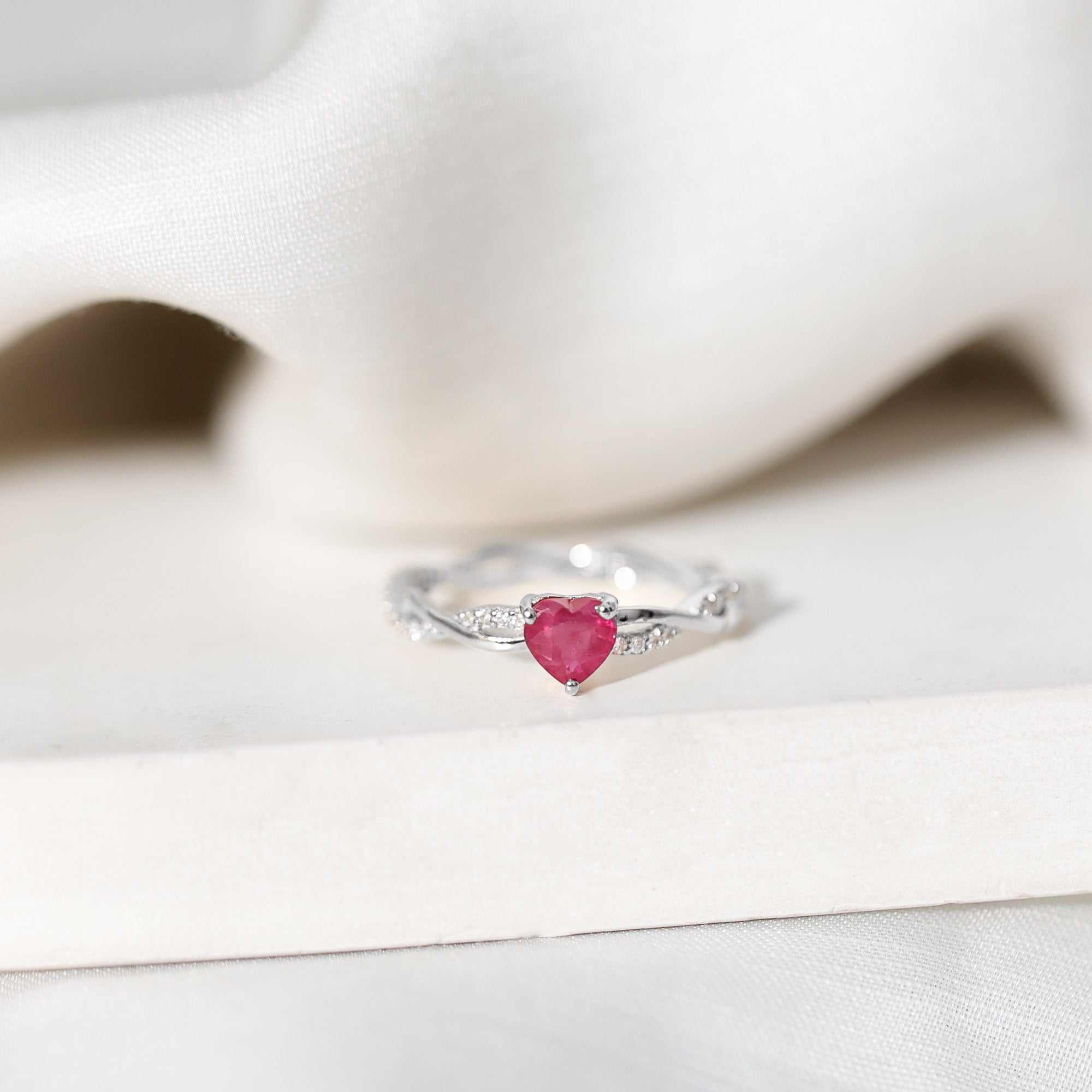 Natural 0.6 Carat Ruby Heart Engagement Ring with Diamond Braided Shank AAA - Rosec Jewels