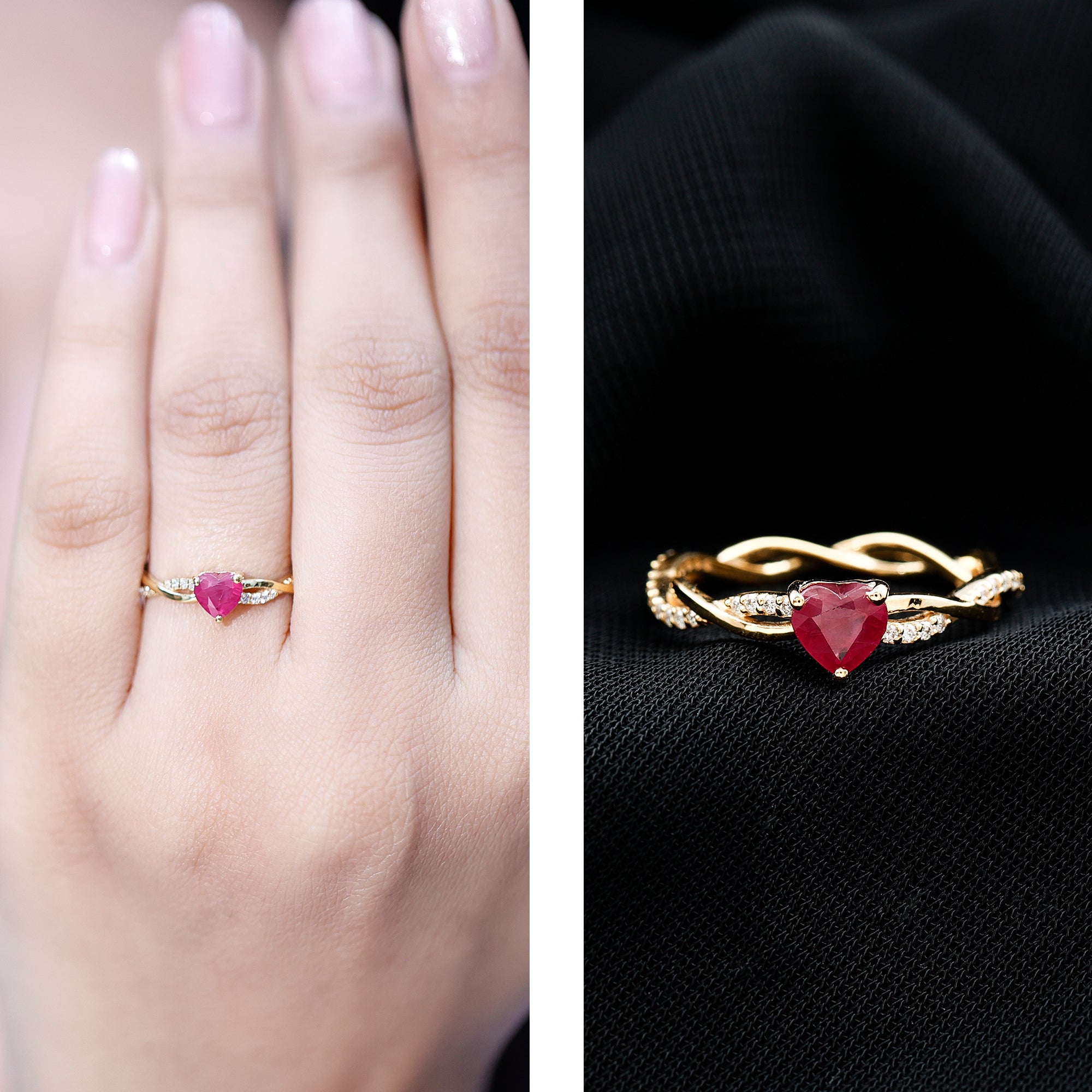 Natural 0.6 Carat Ruby Heart Engagement Ring with Diamond Braided Shank AAA - Rosec Jewels