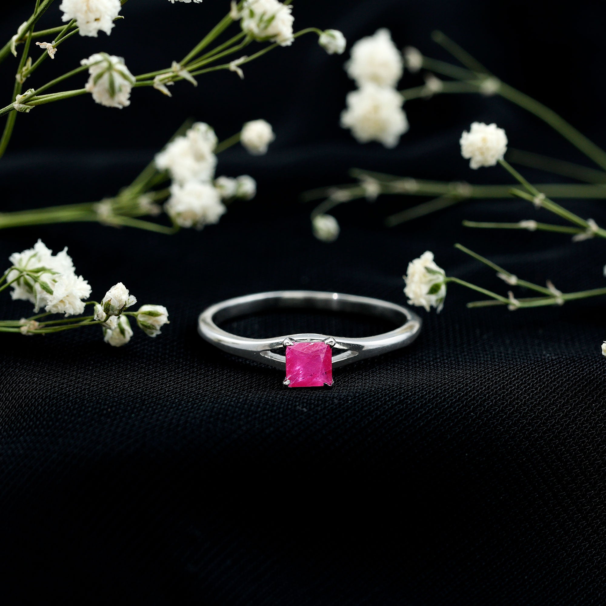 Natural Half Carat Princess Cut Ruby Promise Ring with Split Shank AAA - Rosec Jewels