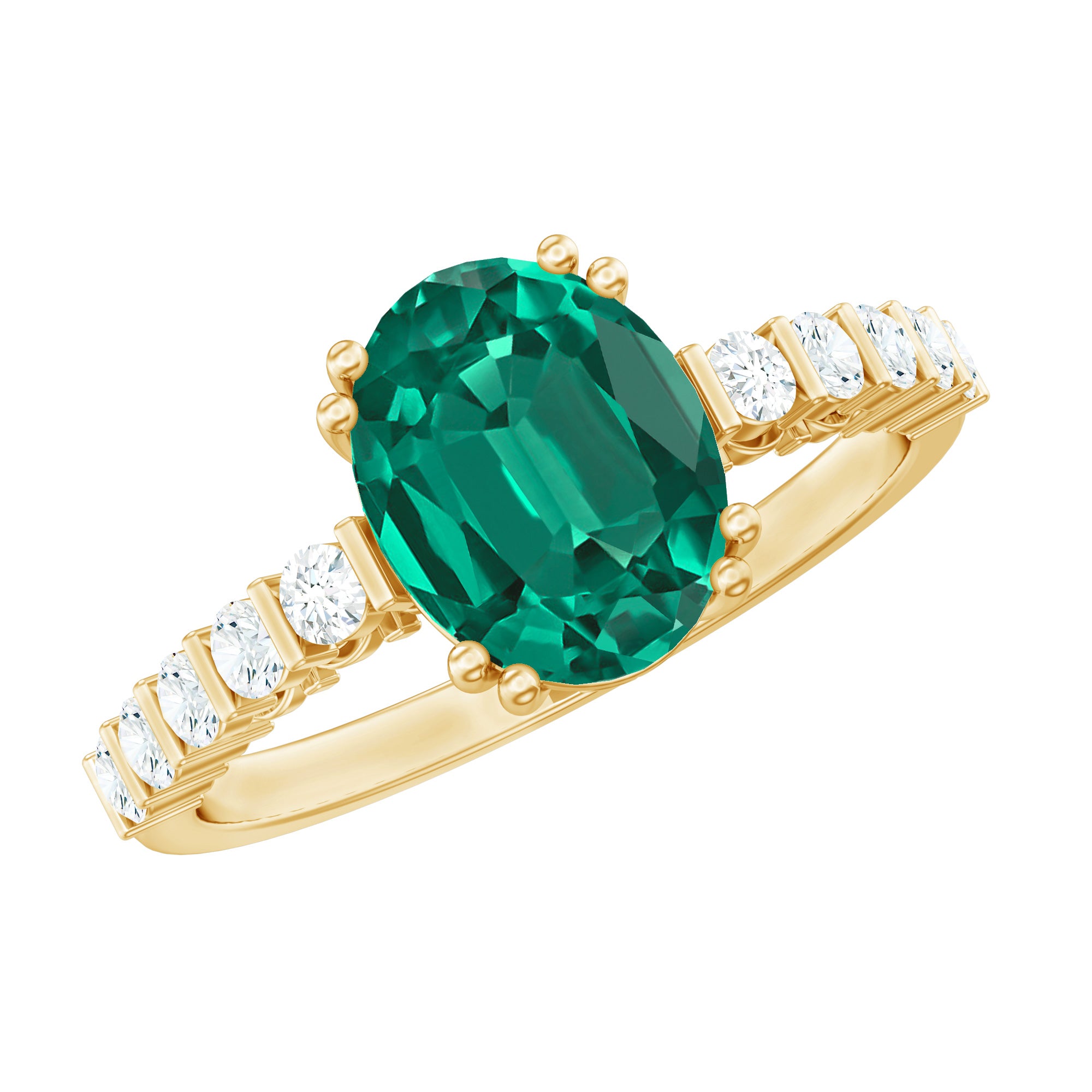 8x10mm Oval Cut Lab Created Emerald Solitaire Engagement Ring with Diamond AAAA - Rosec Jewels
