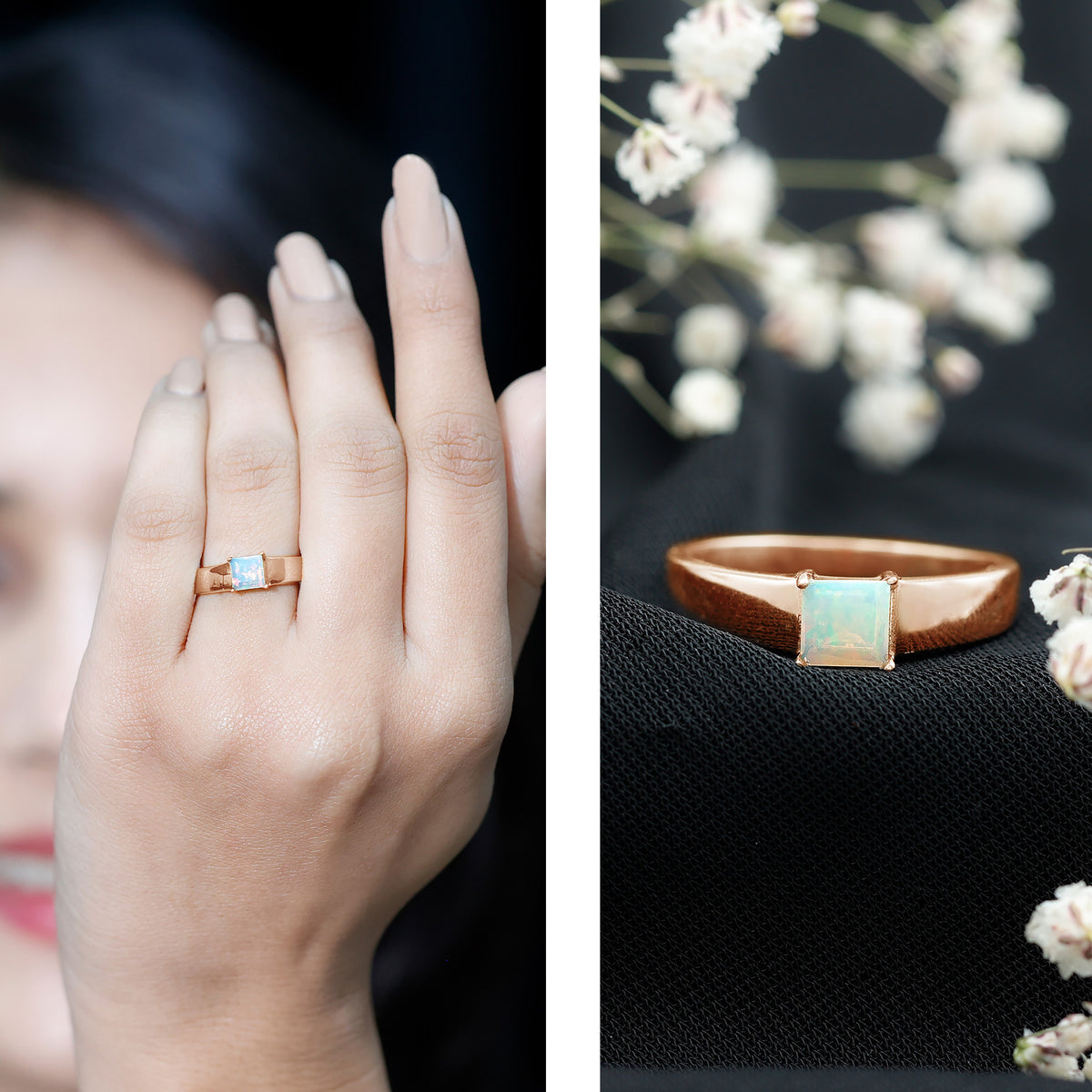 Certified Real Ethiopian Rainbow Opal Princess Cut Engagement Ring AAA - Rosec Jewels