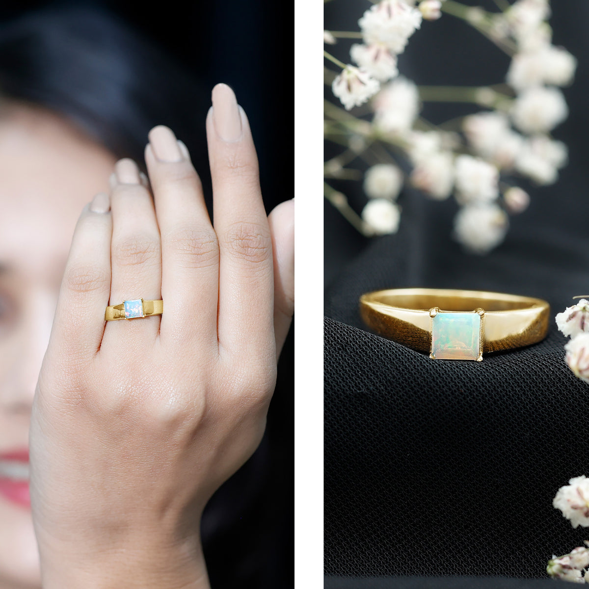 Certified Real Ethiopian Rainbow Opal Princess Cut Engagement Ring AAA - Rosec Jewels