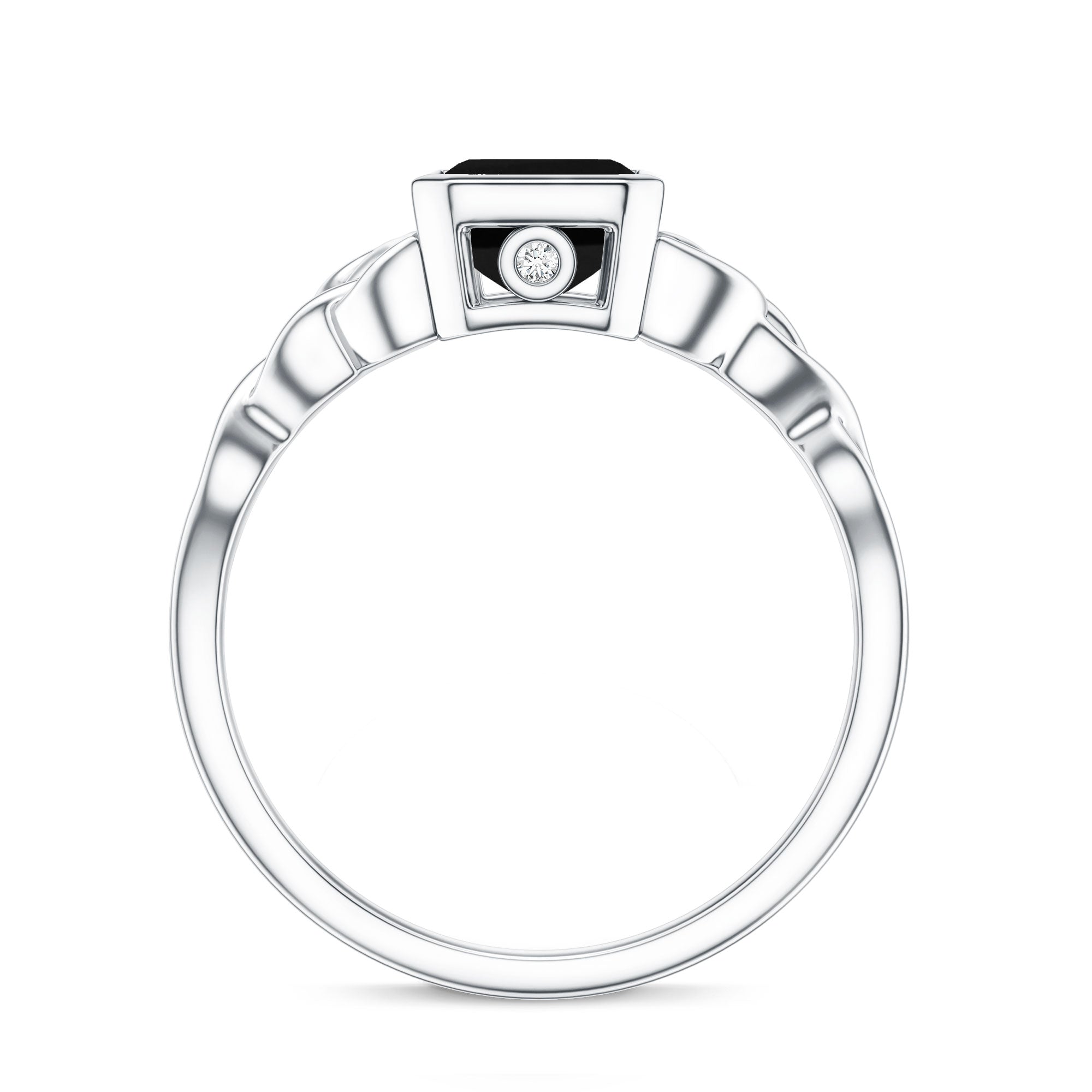 Emerald Cut Black Onyx Bezel Set Engagement Ring with Surprise Diamond AAA - Rosec Jewels
