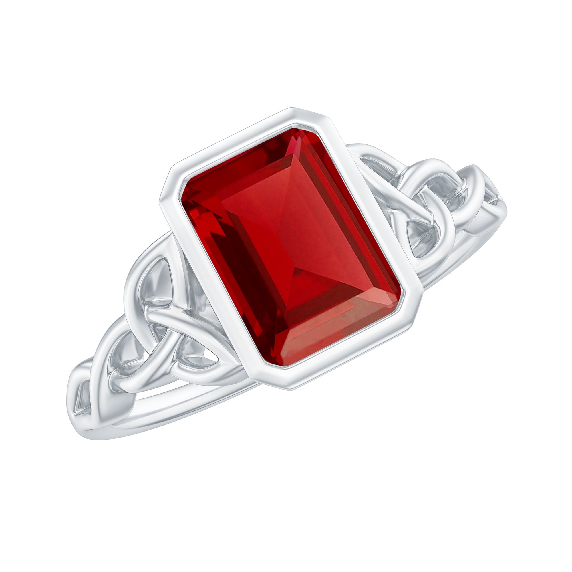 Bezel Set Emerald Cut Lab Created Ruby Celtic Engagement Ring