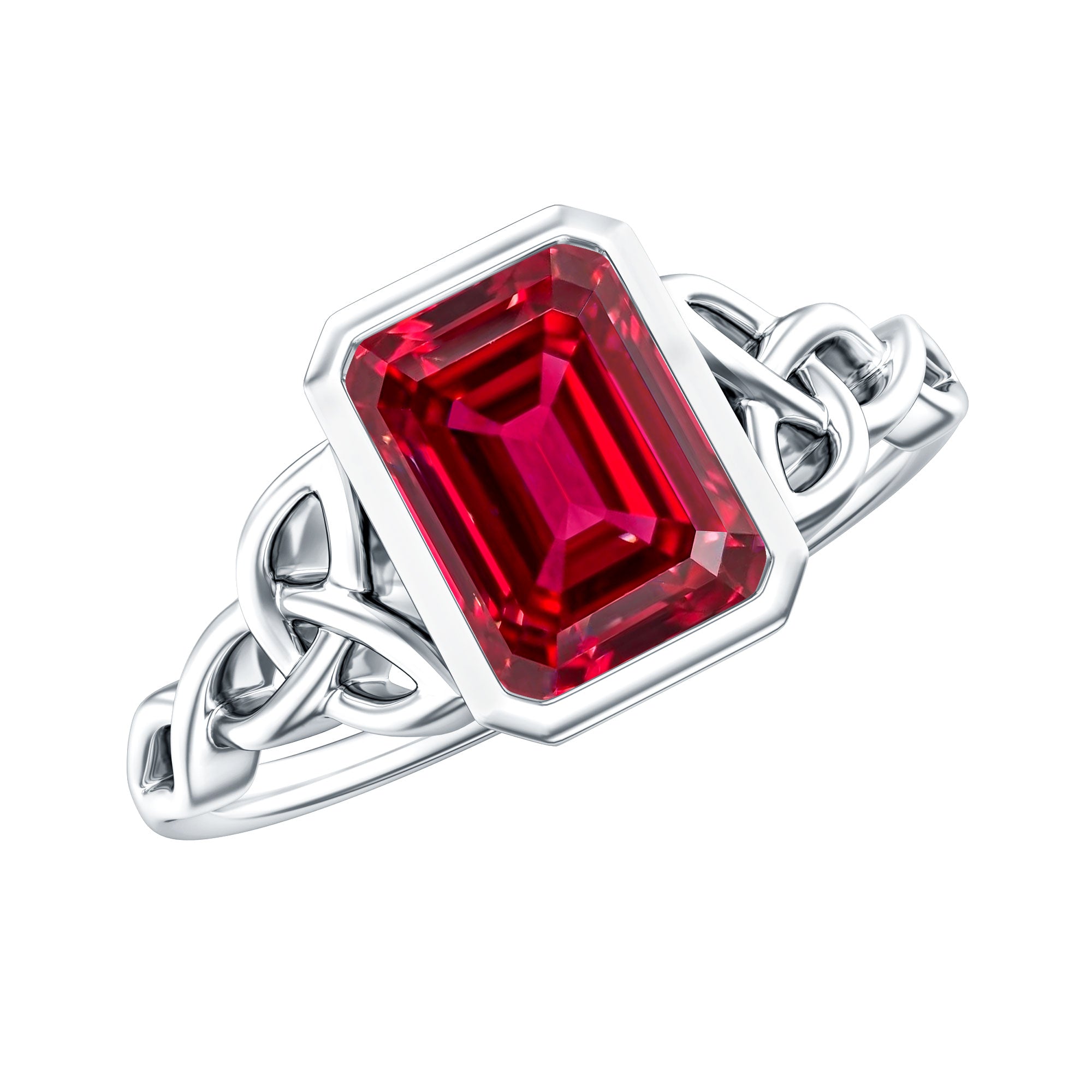 Bezel Set Emerald Cut Lab Created Ruby Celtic Engagement Ring AAAA - Rosec Jewels