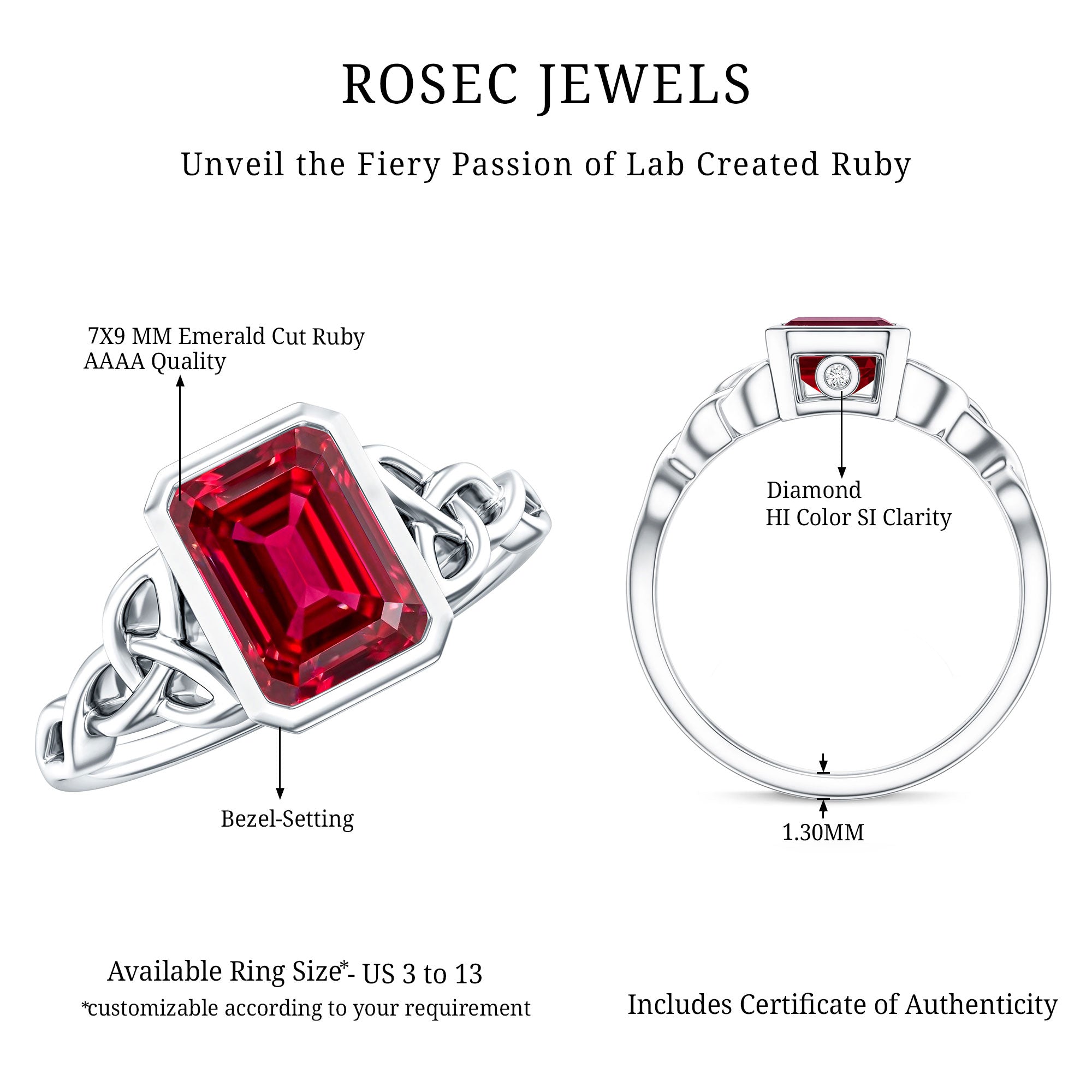 Bezel Set Emerald Cut Lab Created Ruby Celtic Engagement Ring AAAA - Rosec Jewels