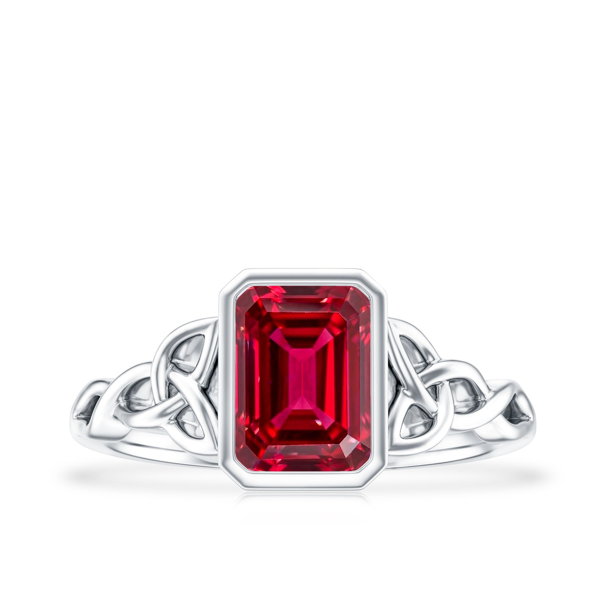 Bezel Set Emerald Cut Lab Created Ruby Celtic Engagement Ring AAAA - Rosec Jewels