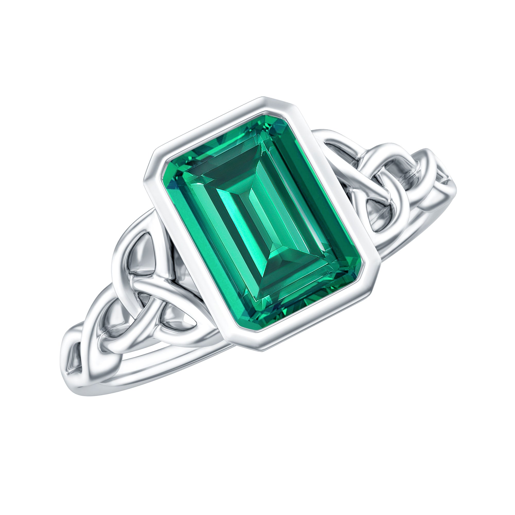 Certified Lab Grown Emerald Cut Emerald Engagement Ring with Celtic Knot AAAA - Rosec Jewels