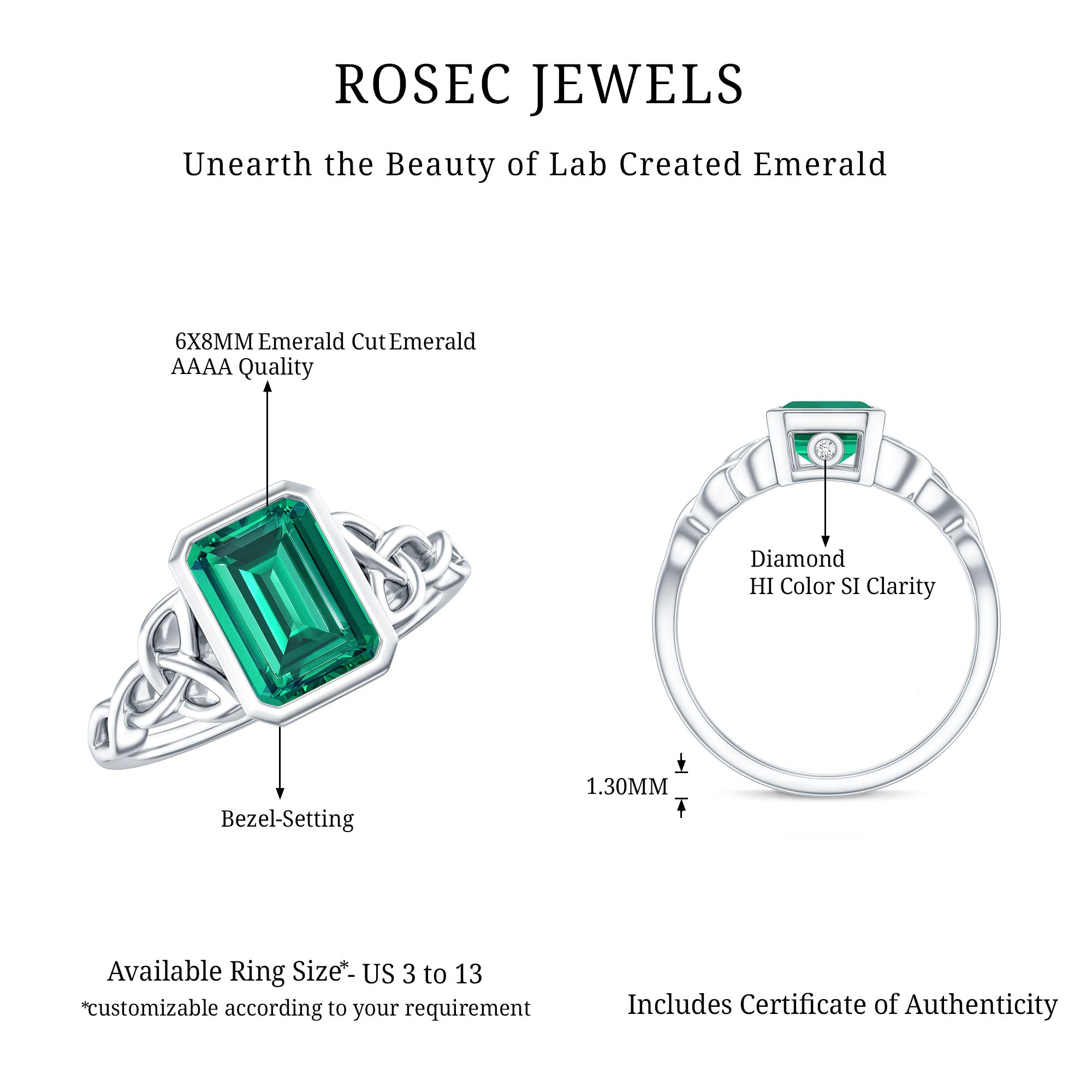 Certified Lab Grown Emerald Cut Emerald Engagement Ring with Celtic Knot AAAA - Rosec Jewels