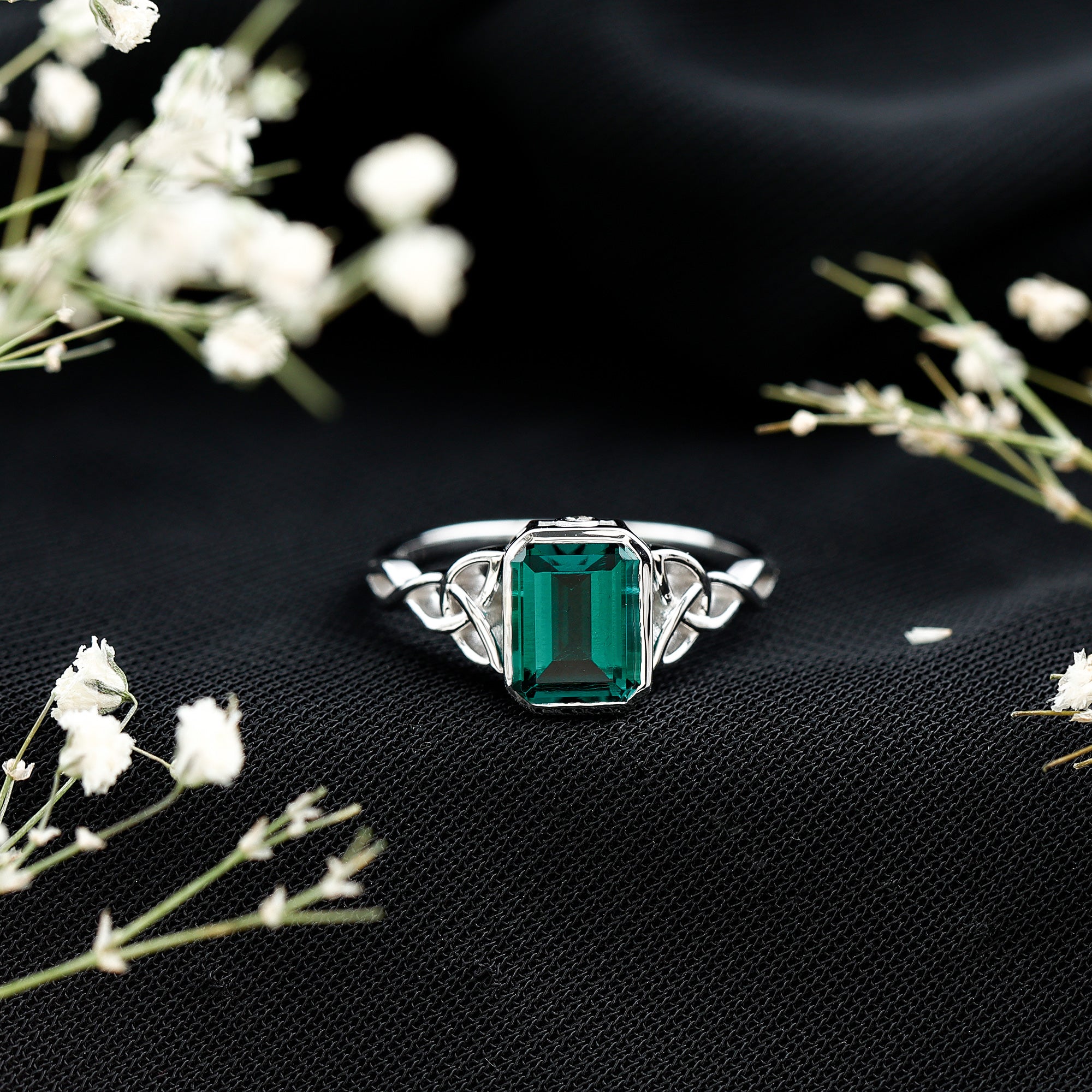Certified Lab Grown Emerald Cut Emerald Engagement Ring with Celtic Knot AAAA - Rosec Jewels