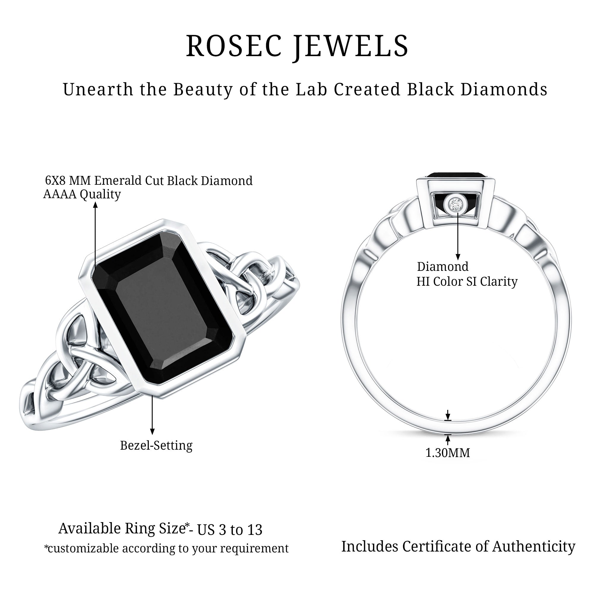 1.6 Carat Lab Grown Black Diamond Celtic Knot Engagement Ring with Surprise White Diamond AAAA ( Synthetic ) - Rosec Jewels