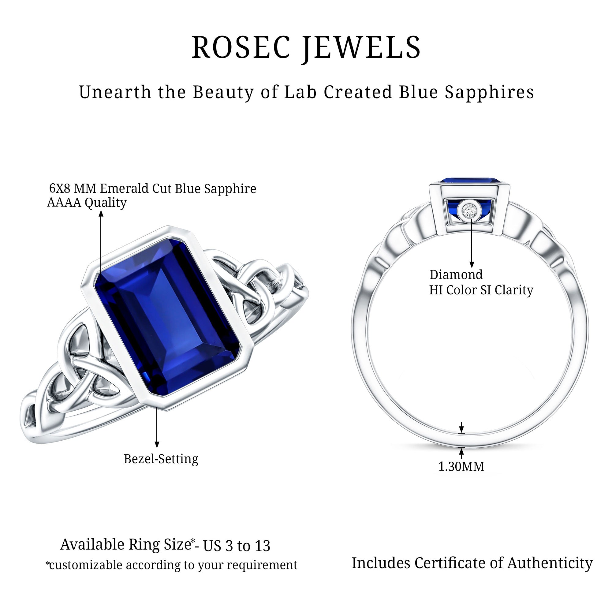 Solitaire Created Blue Sapphire Celtic Engagement Ring AAAA - Rosec Jewels