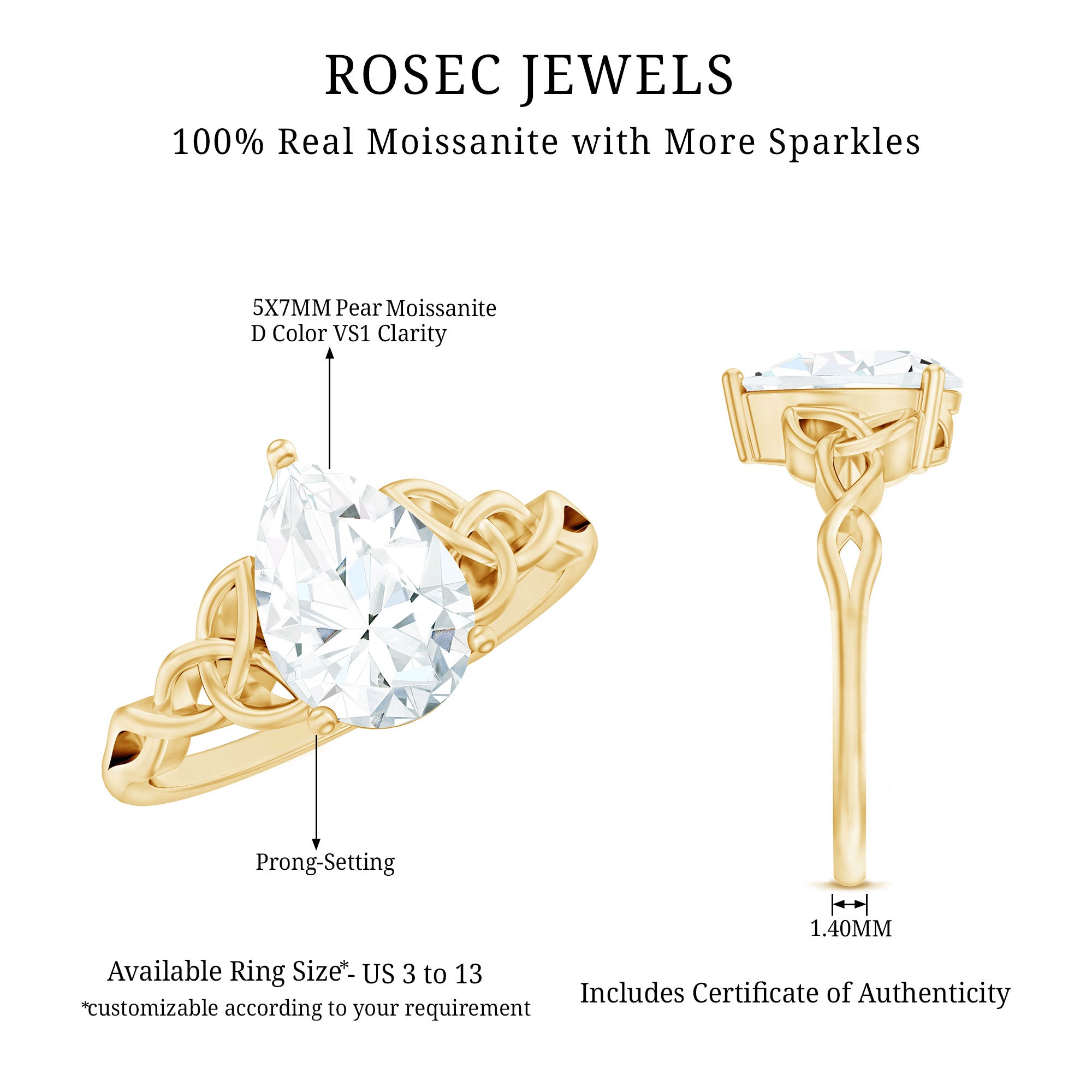 Pear Cut 5X7 MM Moissanite Celtic Engagement Ring D-VS1 - Rosec Jewels