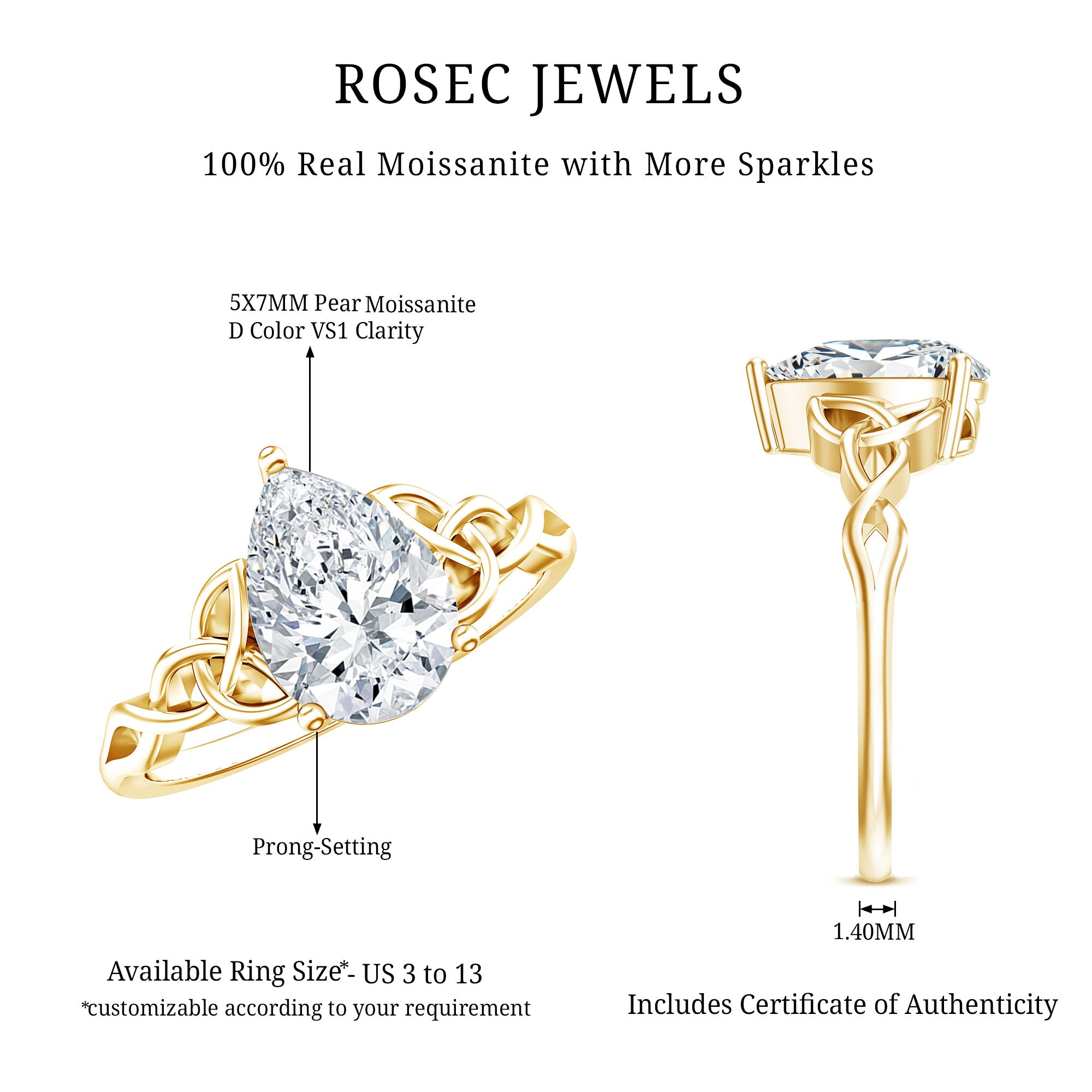 Pear Cut 0.79 Carat Moissanite Celtic Engagement Ring D-VS1 - Rosec Jewels